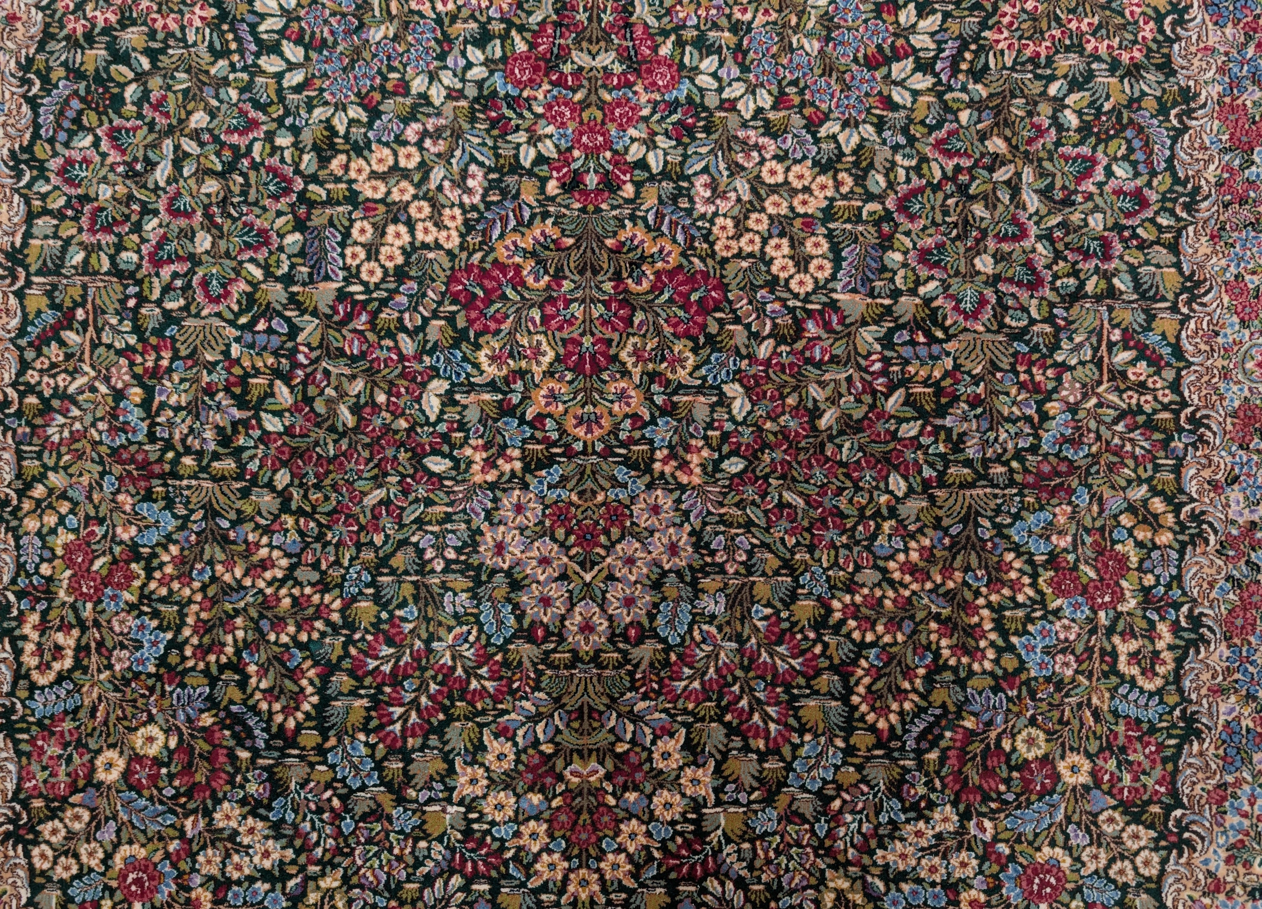 Persian Kirman Rug 10x12, Millefleur, Hand-Knotted Wool Carpet, Dark Green Multicolor - Jewel Rugs