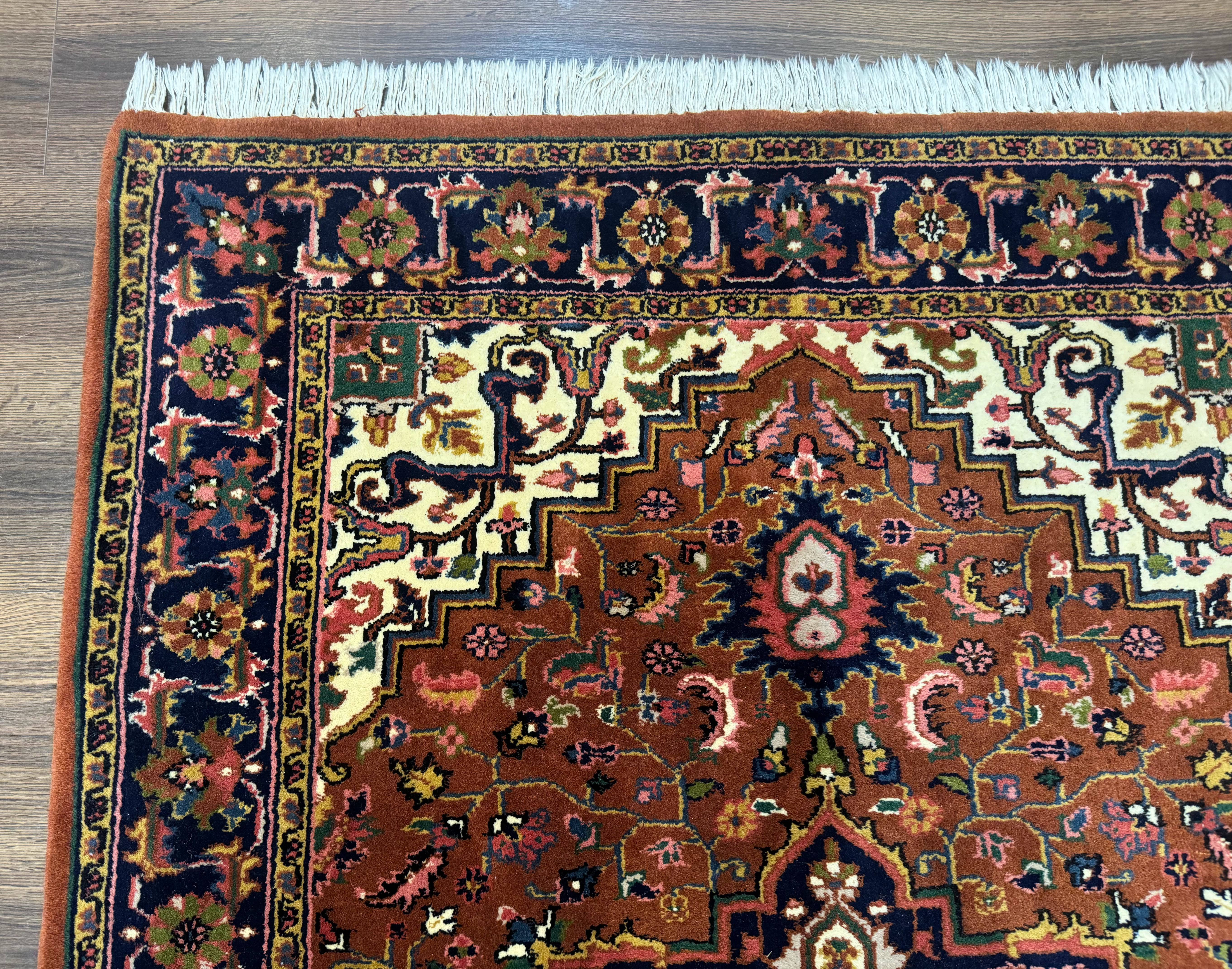 Indo Persian Heriz Rug 4x6, Rust Red Navy Blue and Cream - Jewel Rugs