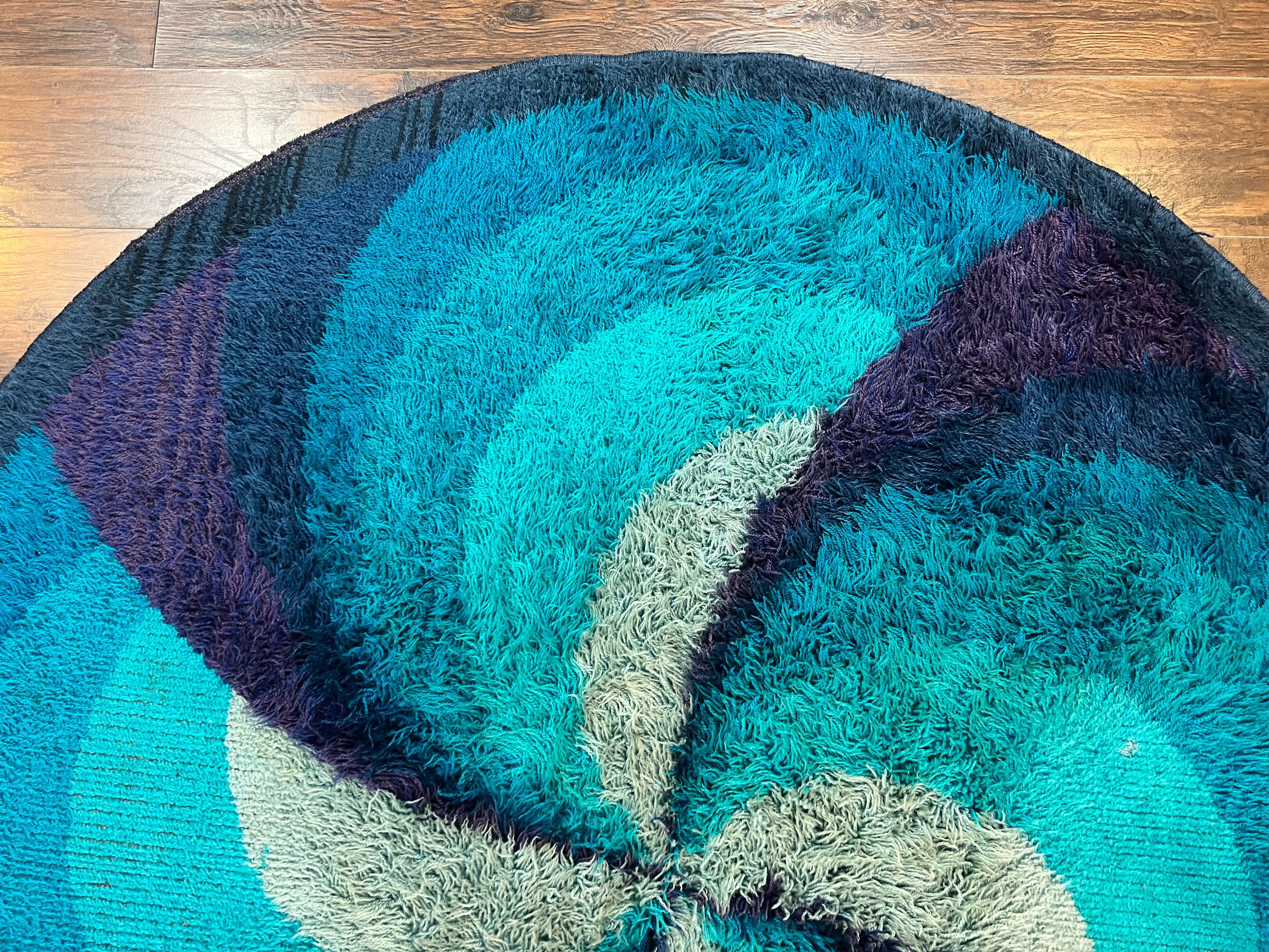 Round Rya Shag Rug 6x6 ft, Round Danish Rug, Shades of Blue, Mid Century 1960s Vintage Retro Area Rug 6ft Round - Jewel Rugs
