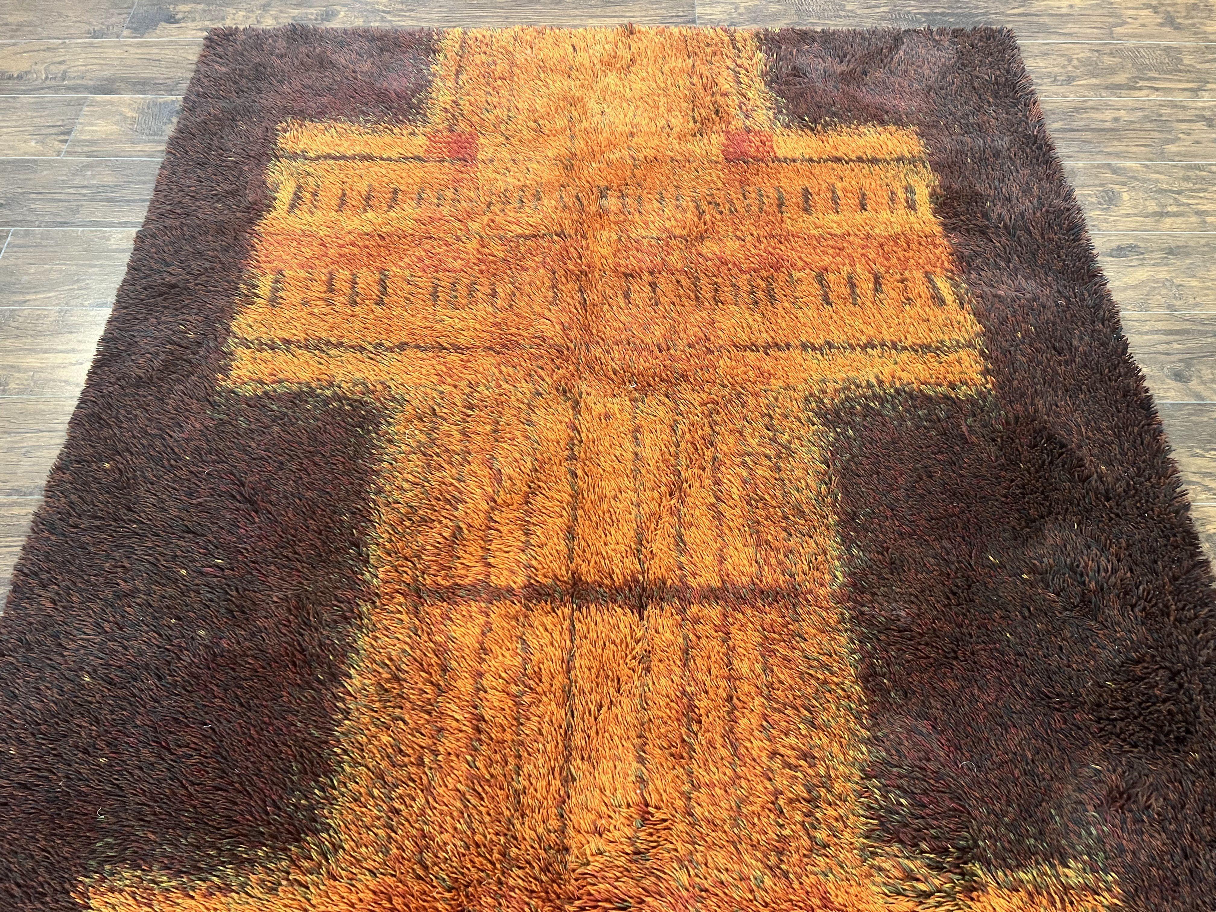 Rya Shag Rug 6x9, Finnish Rya Carpet, Mid Century Vintage Rug, Modern Abstract Design, Orange Brown, Wool Pile - Jewel Rugs