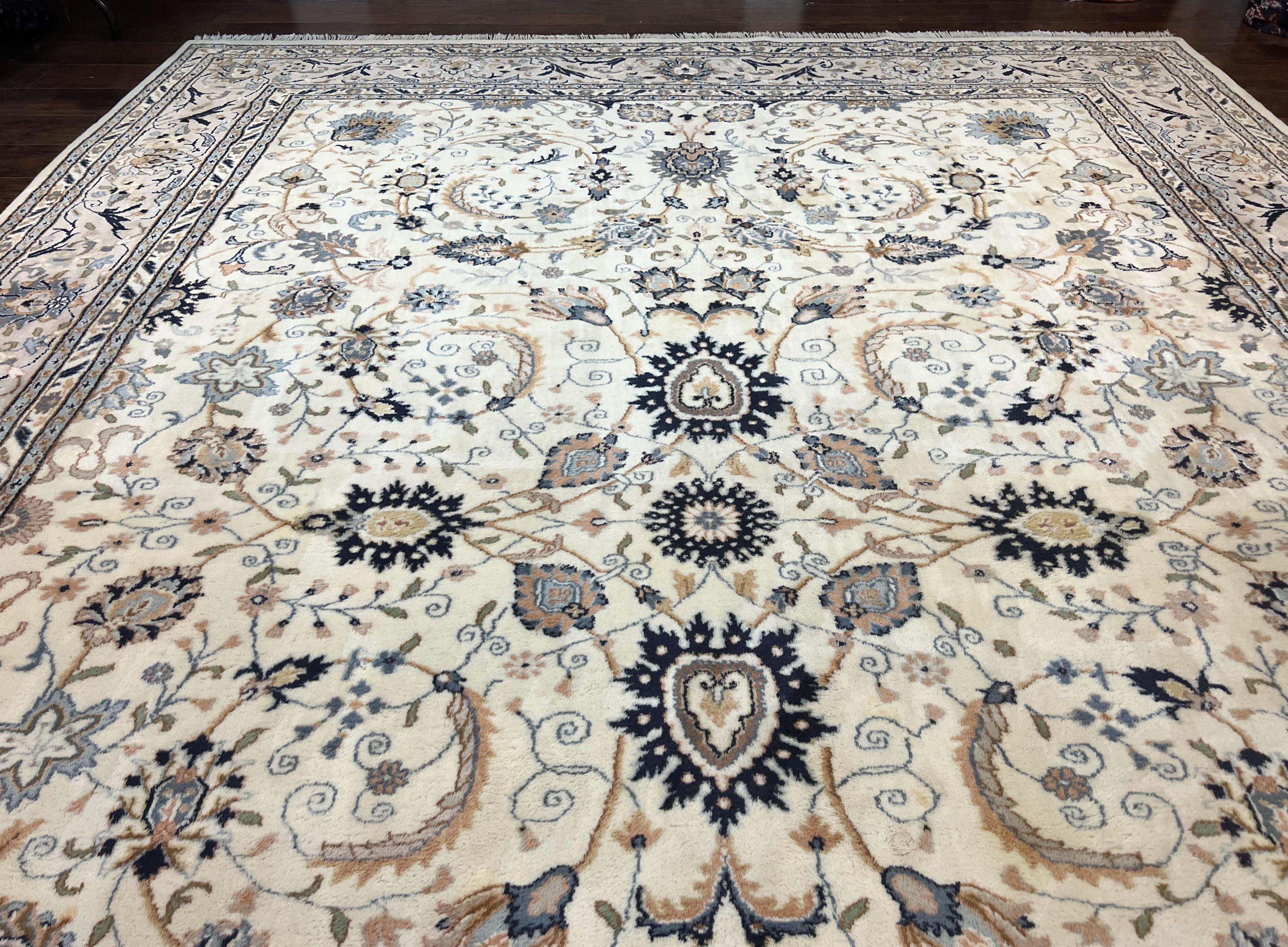 Indo Persian Rug 10x14, Floral Allover, Ivory and Light Gray, Handmade Vintage Wool Large Carpet - Jewel Rugs