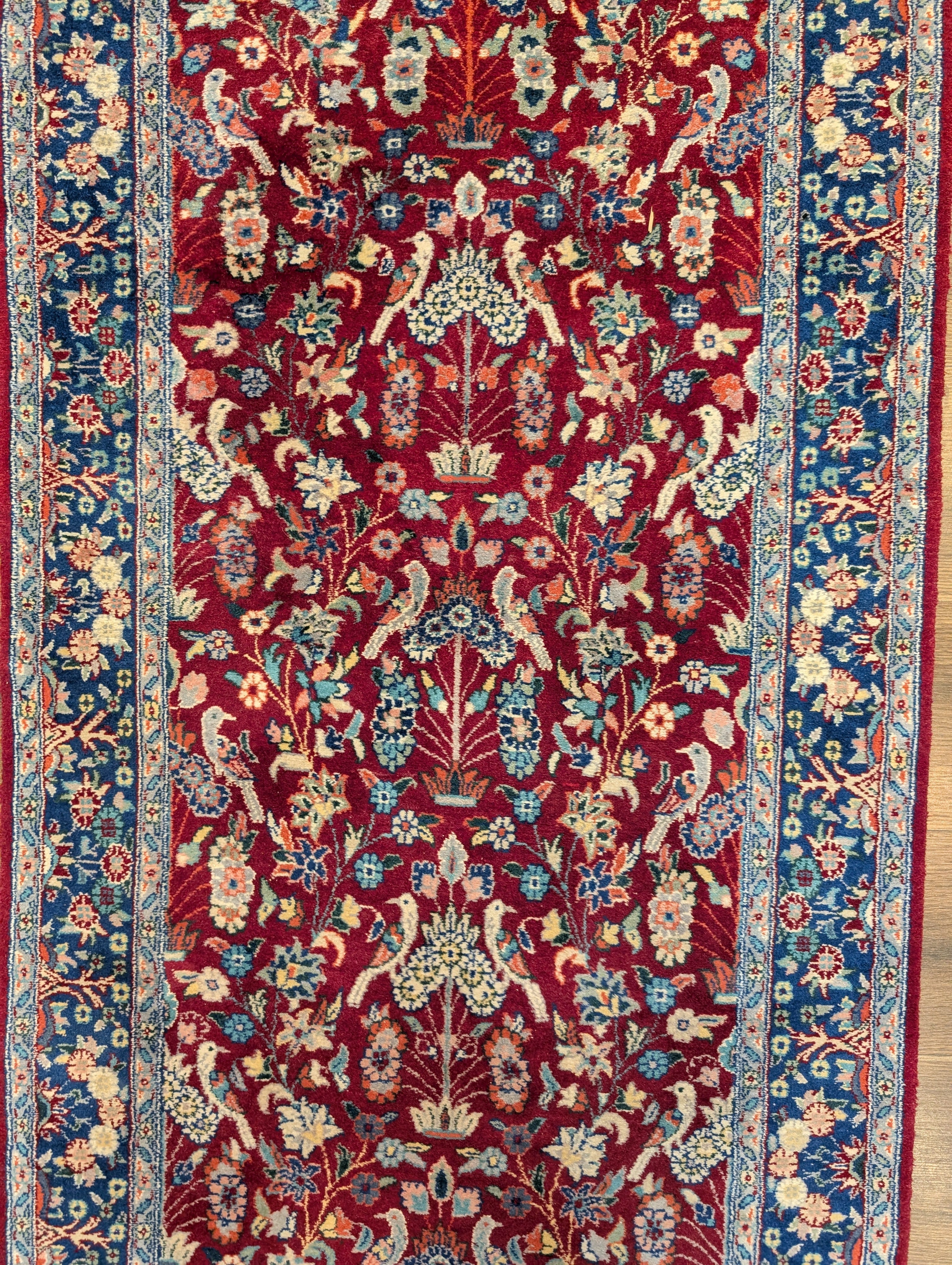 Pak Persian Runner 3 x 8 ft, Bird Motifs, Hand-Knotted Wool, Red, 210 KPSI - Jewel Rugs