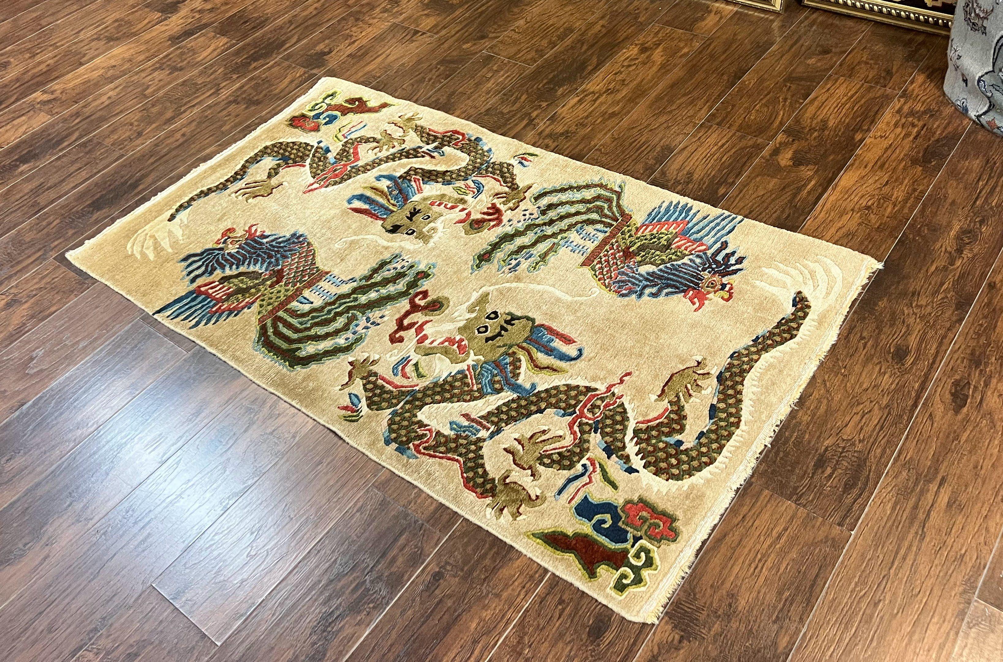 Antique Chinese Peking Rug 3 x 5.6, Dragon Motifs, Handmade Wool Asian Oriental Carpet - Jewel Rugs