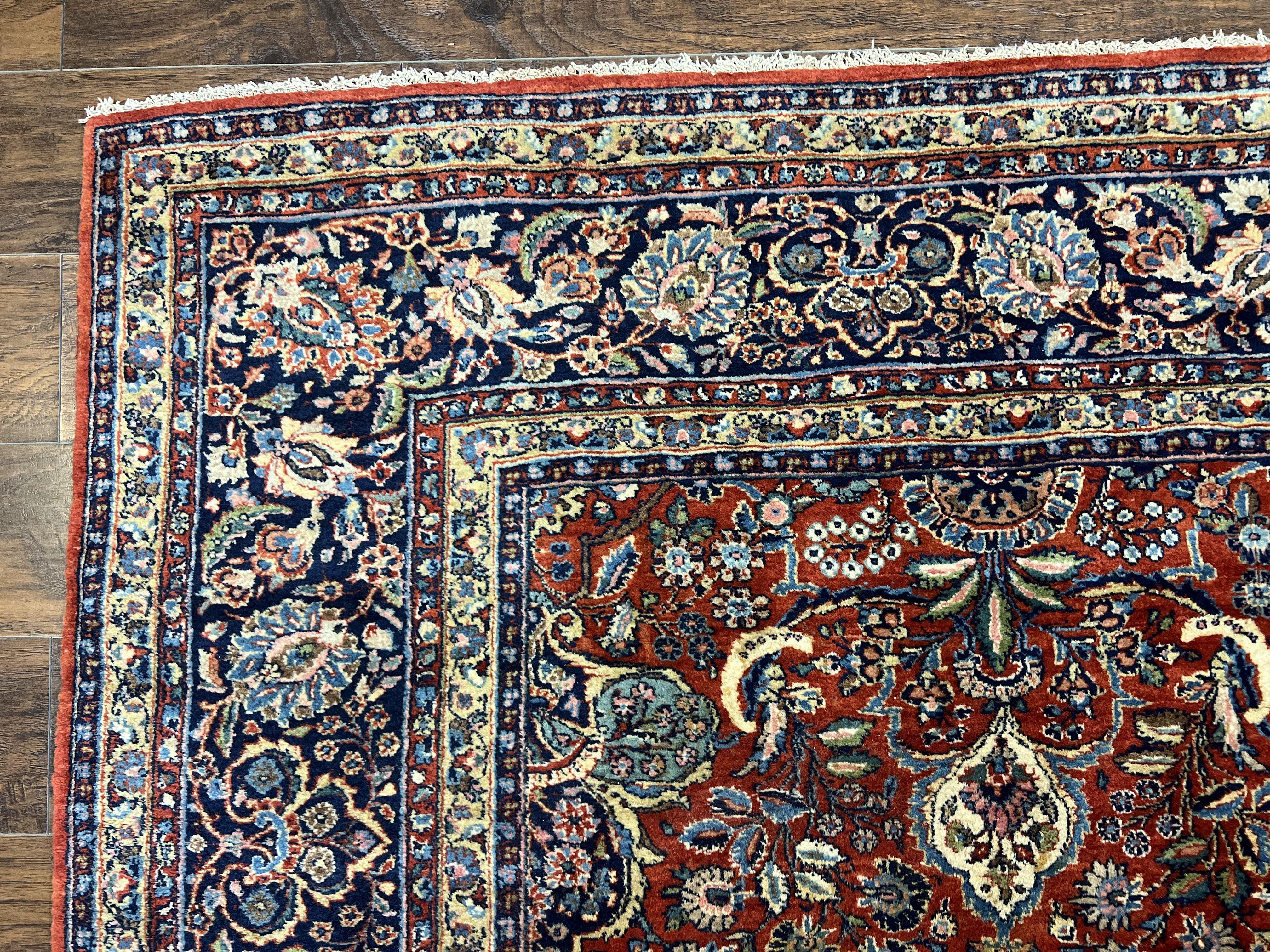 Persian Sarouk Rug 9x12, Red and Dark Blue Floral Allover Antique Persian Carpet, Handmade Wool Qazvin Rug - Jewel Rugs