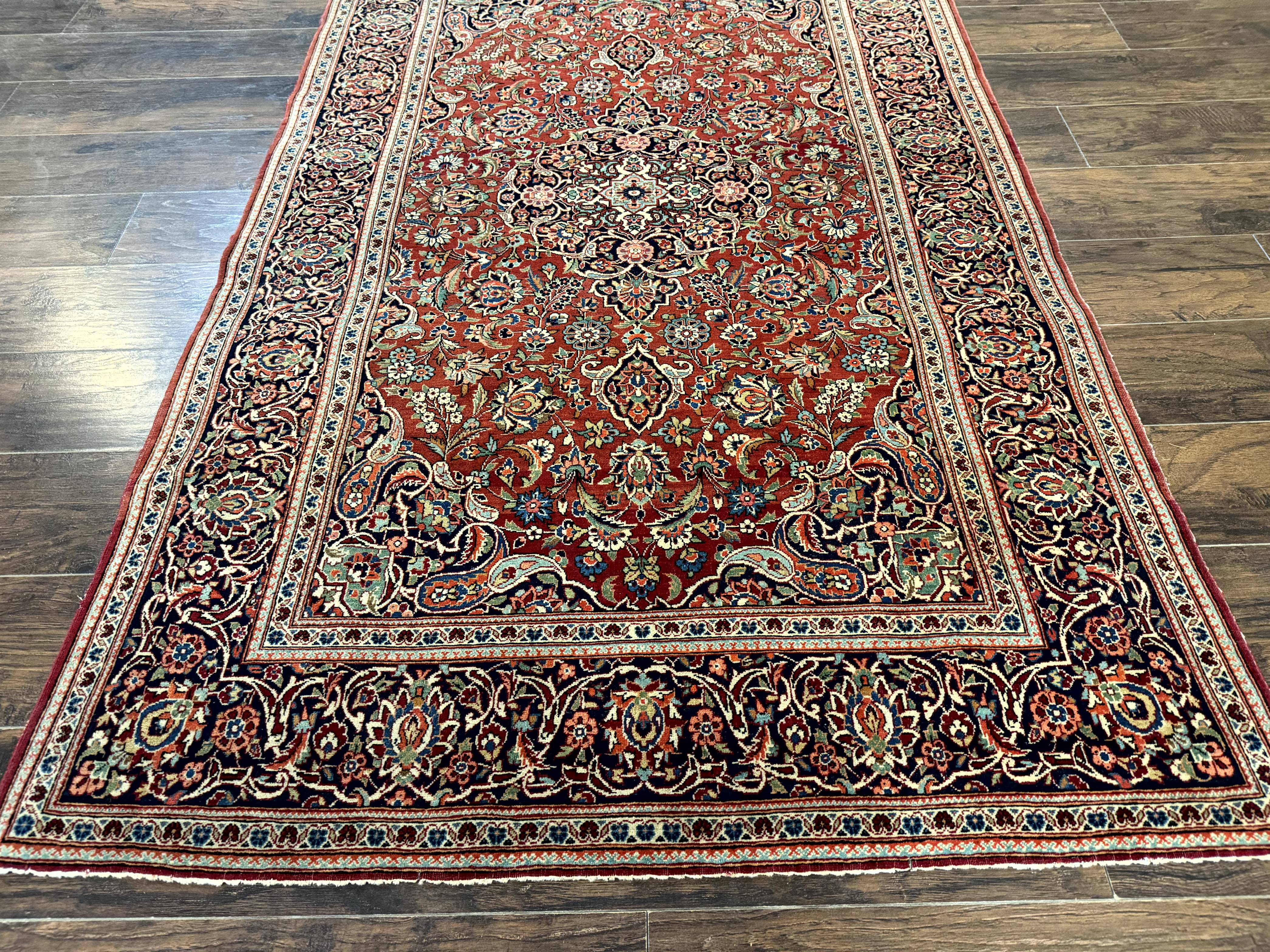 Persian Kashan Rug 4x7, Red and Navy Blue, Floral Antique Carpet - Jewel Rugs