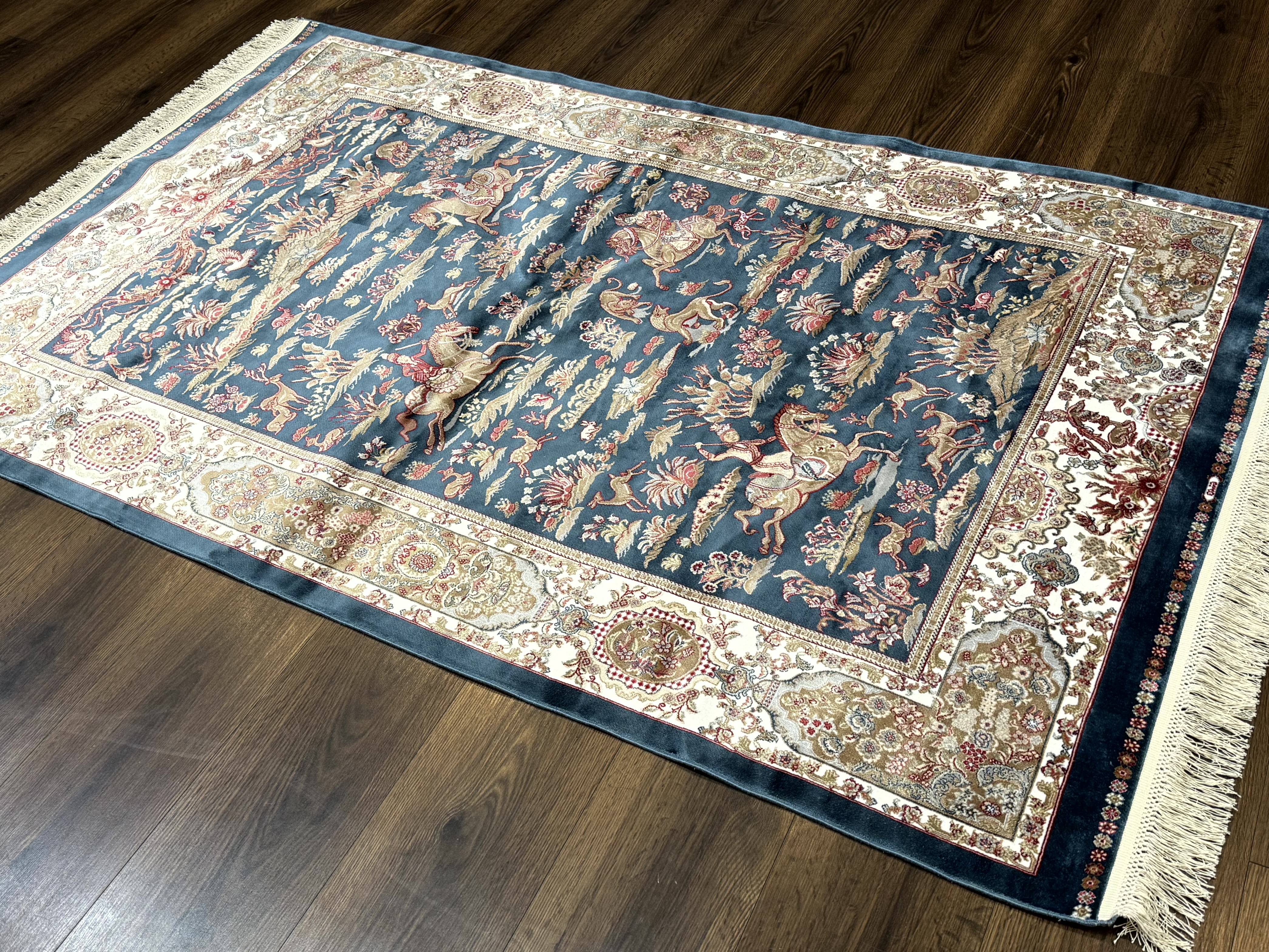 Turkish Silk Hunting Design Rug 4x6, Dark Steel Blue & Ivory, Bamboo Silk, New - Jewel Rugs