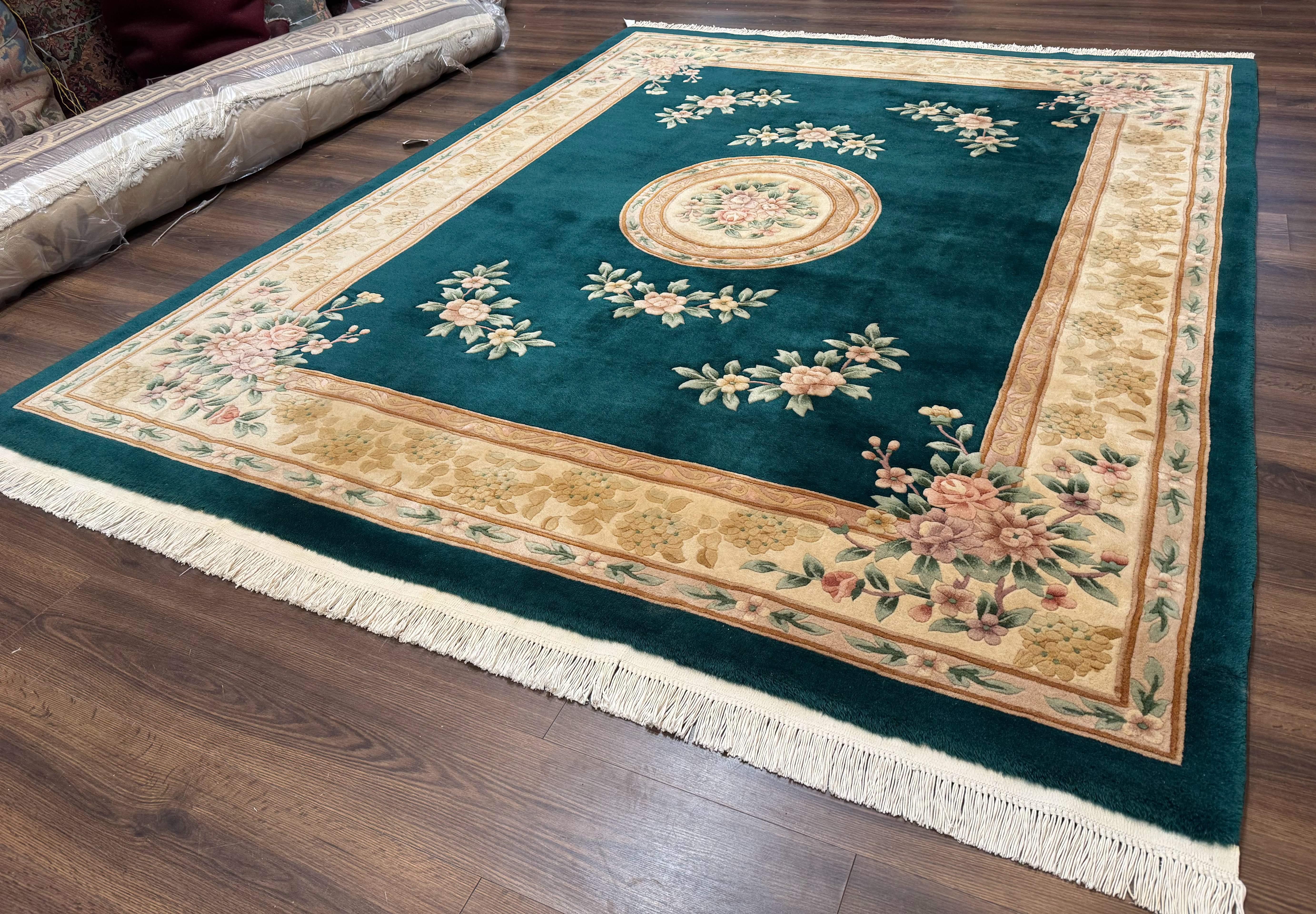 Chinese Wool Rug 8x10, Floral, Soft Thick Pile, Chinese Aubusson 90 Line Rug, Dark Teal and Beige - Jewel Rugs