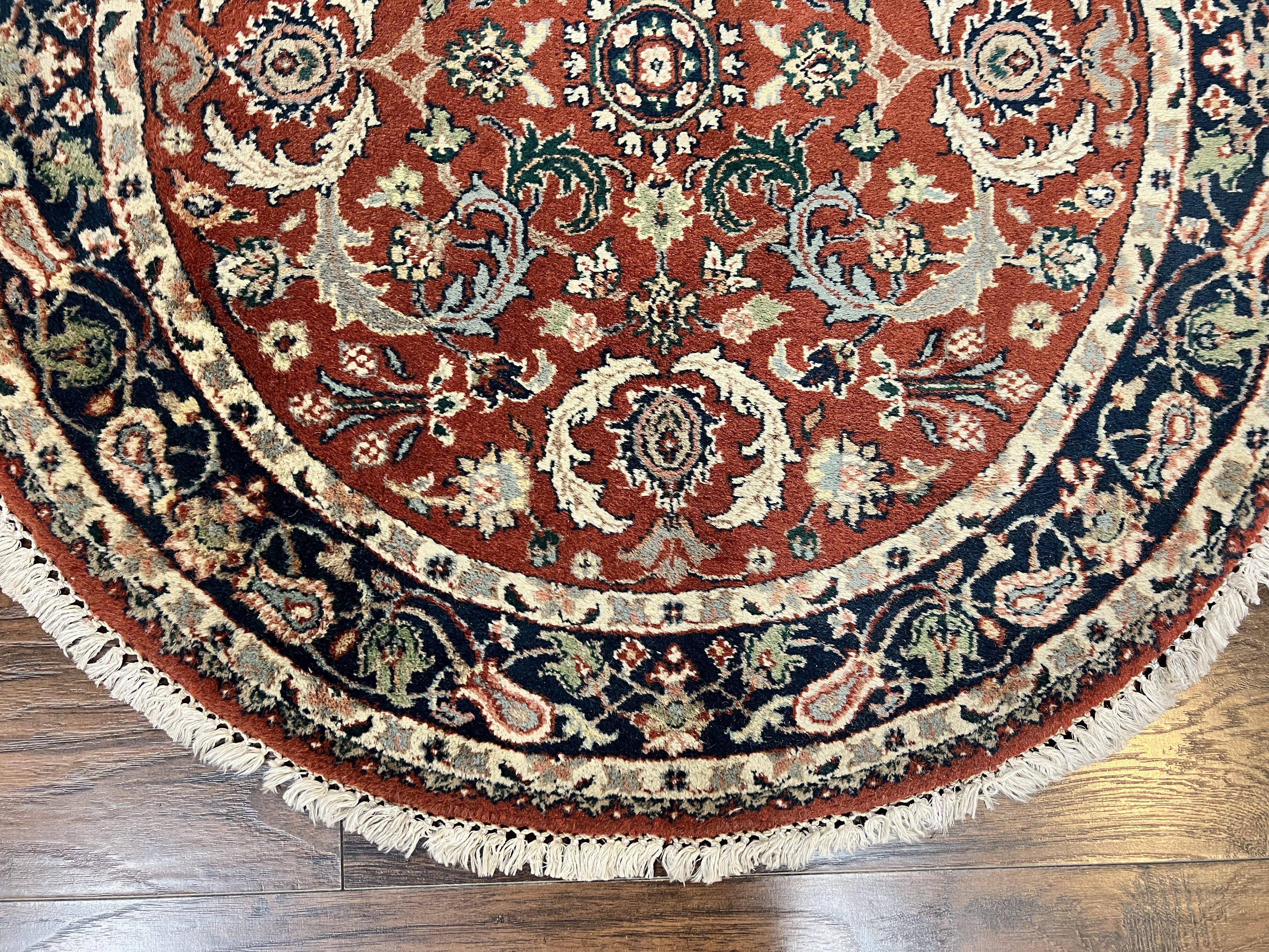 Round Rug 3x3, Indo Persian Oriental Carpet 3ft Round, Small Round Rug, Red Floral Allover Wool Hand Knotted Vintage Traditional Rug - Jewel Rugs