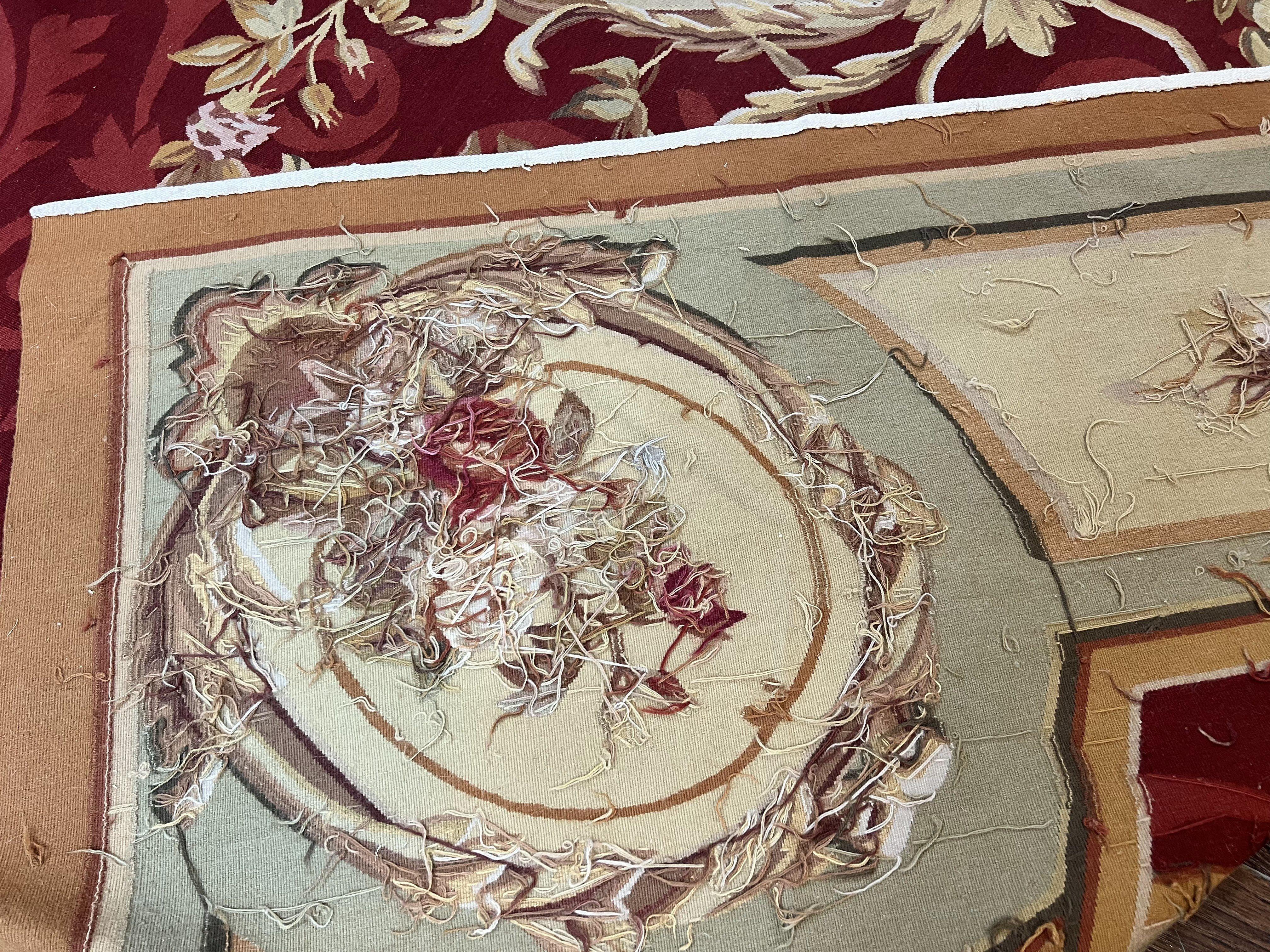 Large Aubusson Rug 10x14, Wool Handmade Vintage Carpet, Dark Red Ivory Tan, French European Elegant Aubusson Weave Rug - Jewel Rugs
