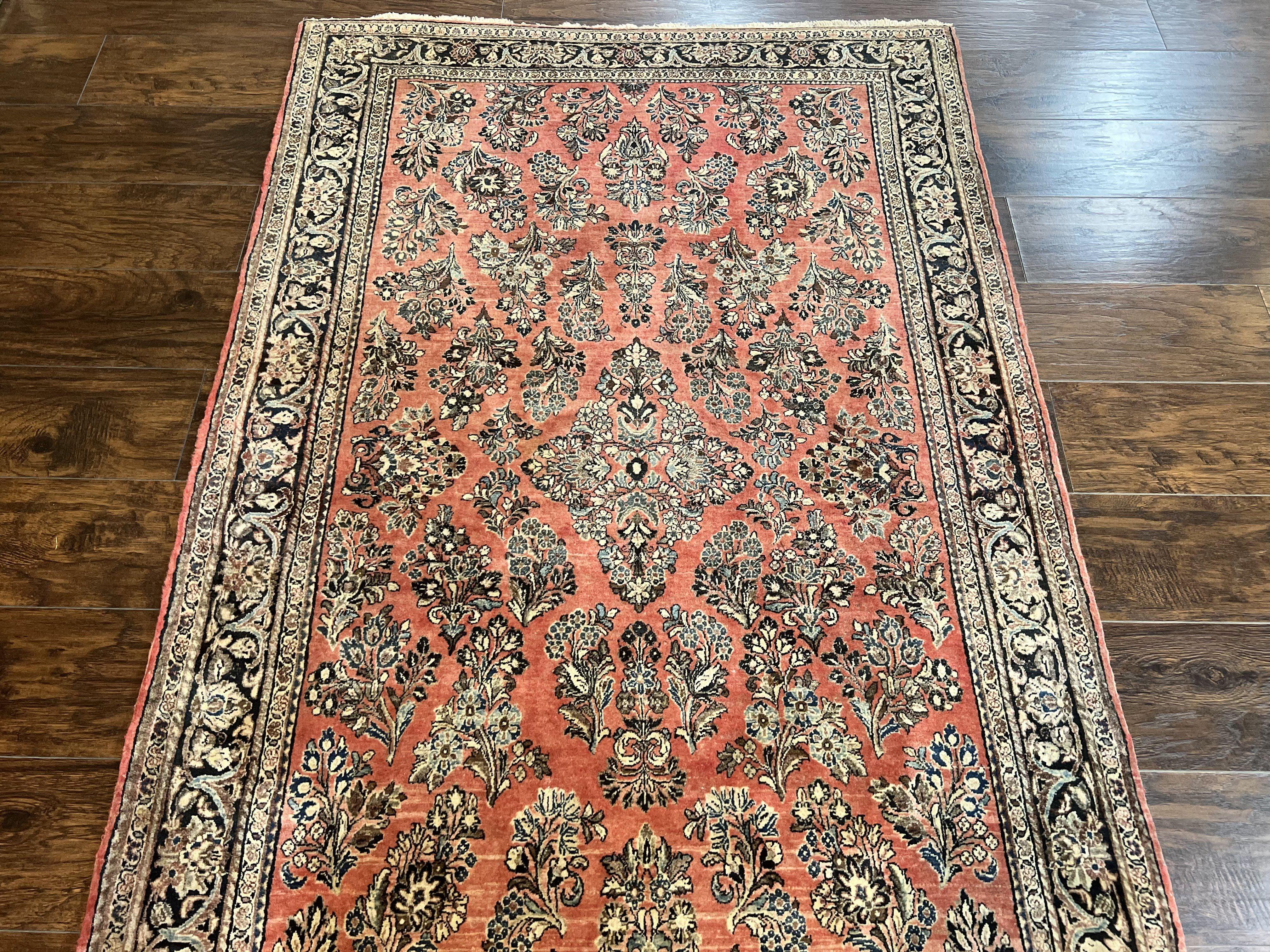 Antique Persian Sarouk Rug 4x7, Hand Knotted Wool Red Persian Carpet, Floral, Fine 300 KPSI - Jewel Rugs