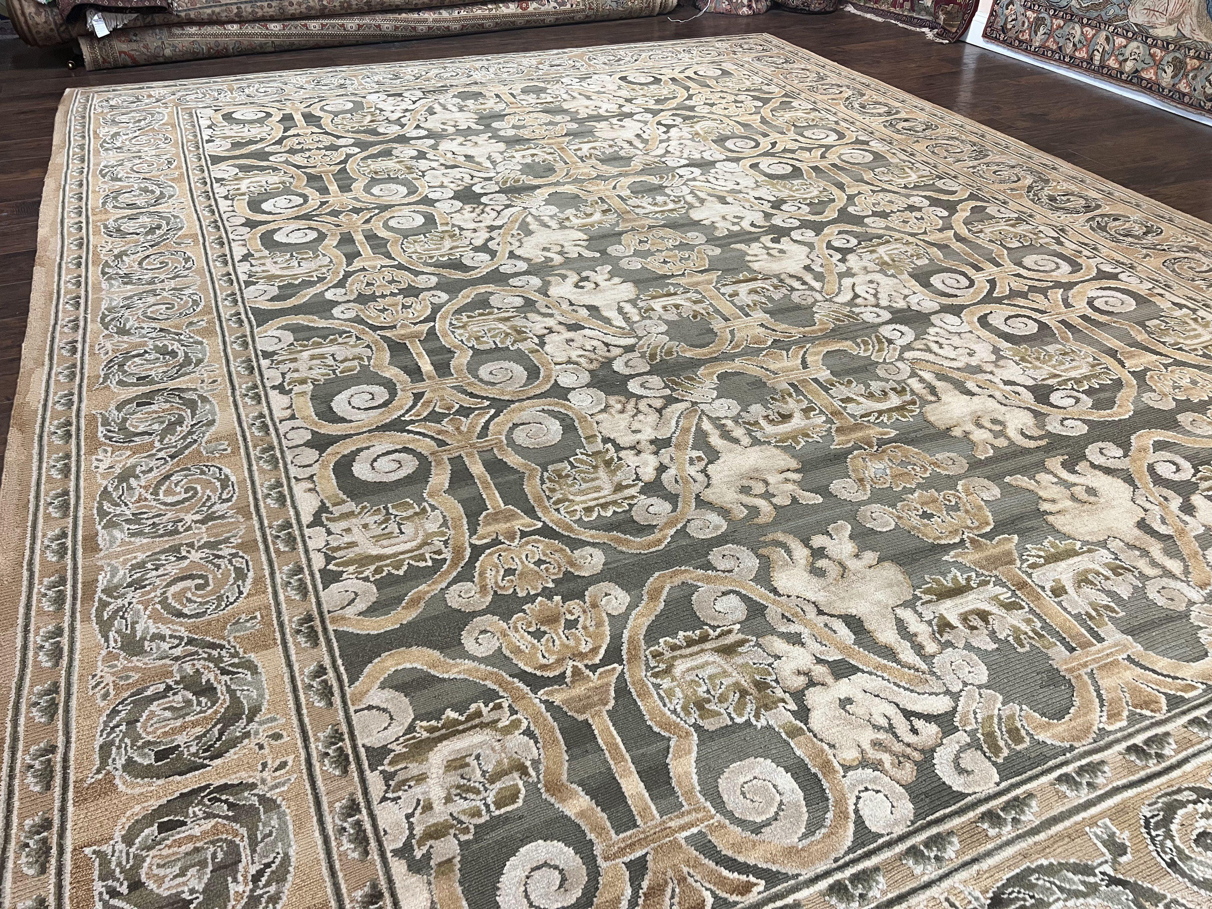 Spanish Rug 11x14, Wool Hand Knotted Vintage Carpet, Olive Green and Beige, Floral Allover, European Design, 11 x 14 Rug - Jewel Rugs