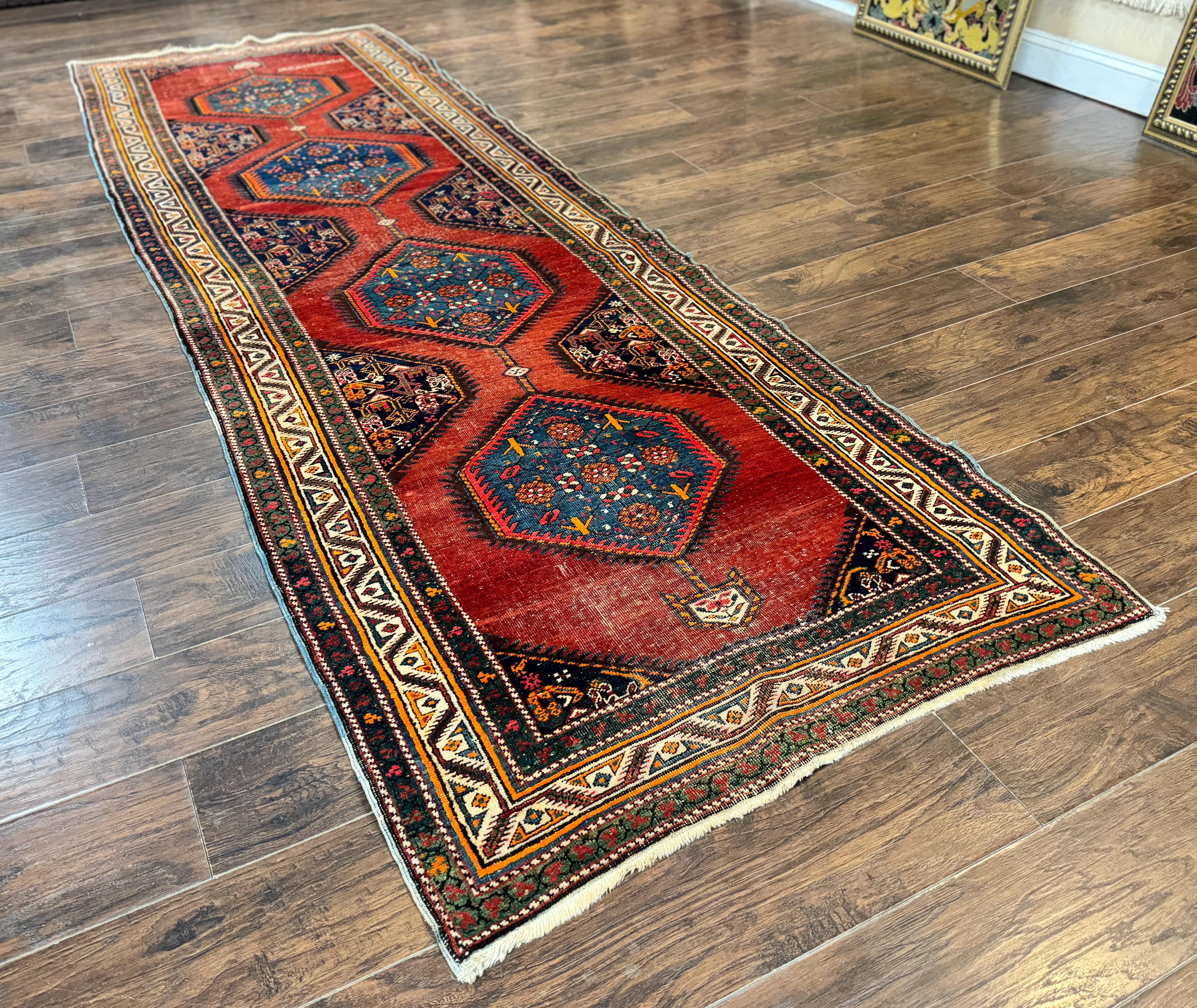 Antique Persian Sarab Runner Rug 3.9 x 12, Red, Handmade, Tribal Runner, Wool, Signed - Jewel Rugs