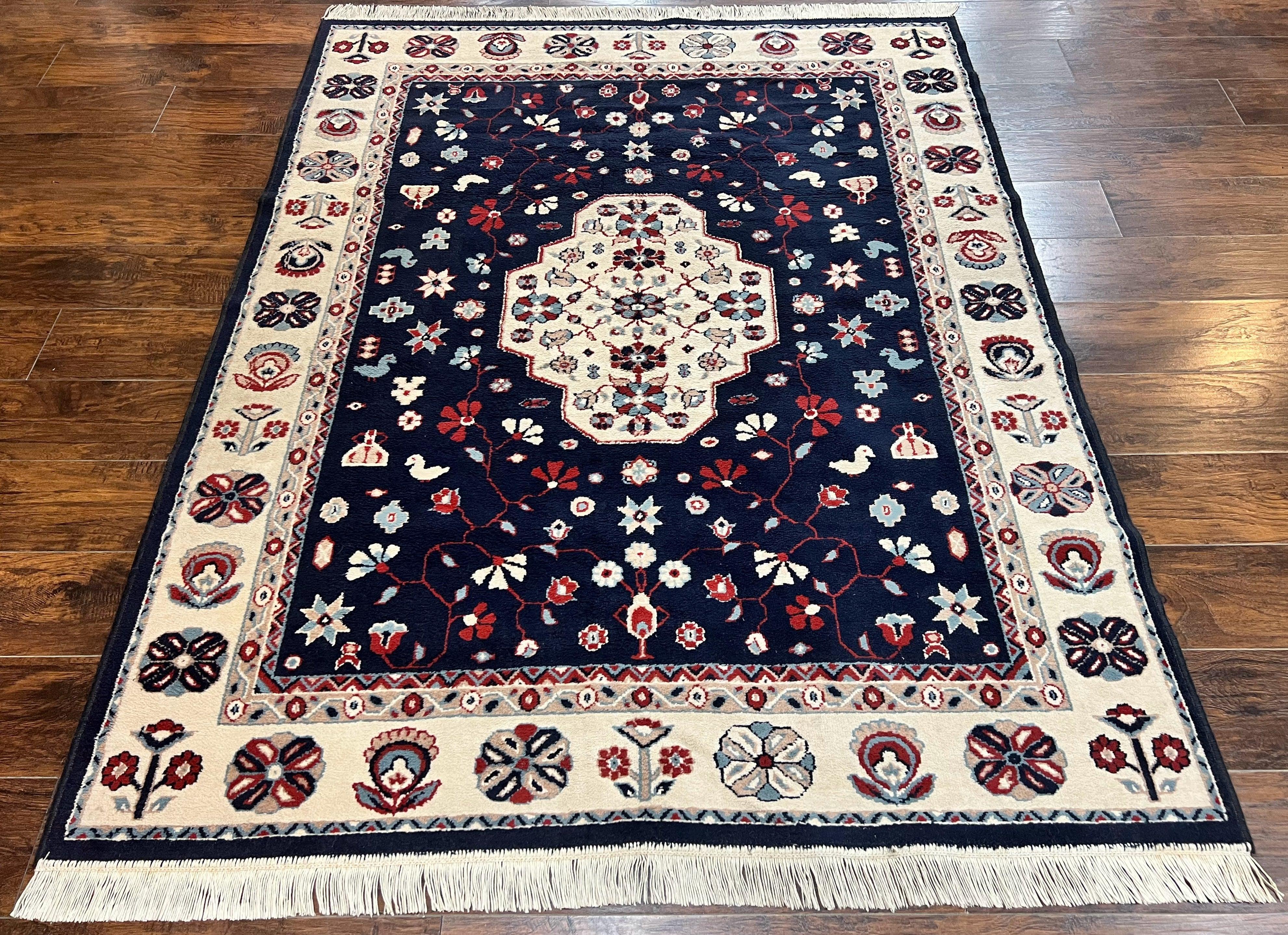 Belgium Power Loomed Rug 5.6 x 7, Navy Blue and Ivory, Heriz Pattern, Vintage Oriental Carpet - Jewel Rugs