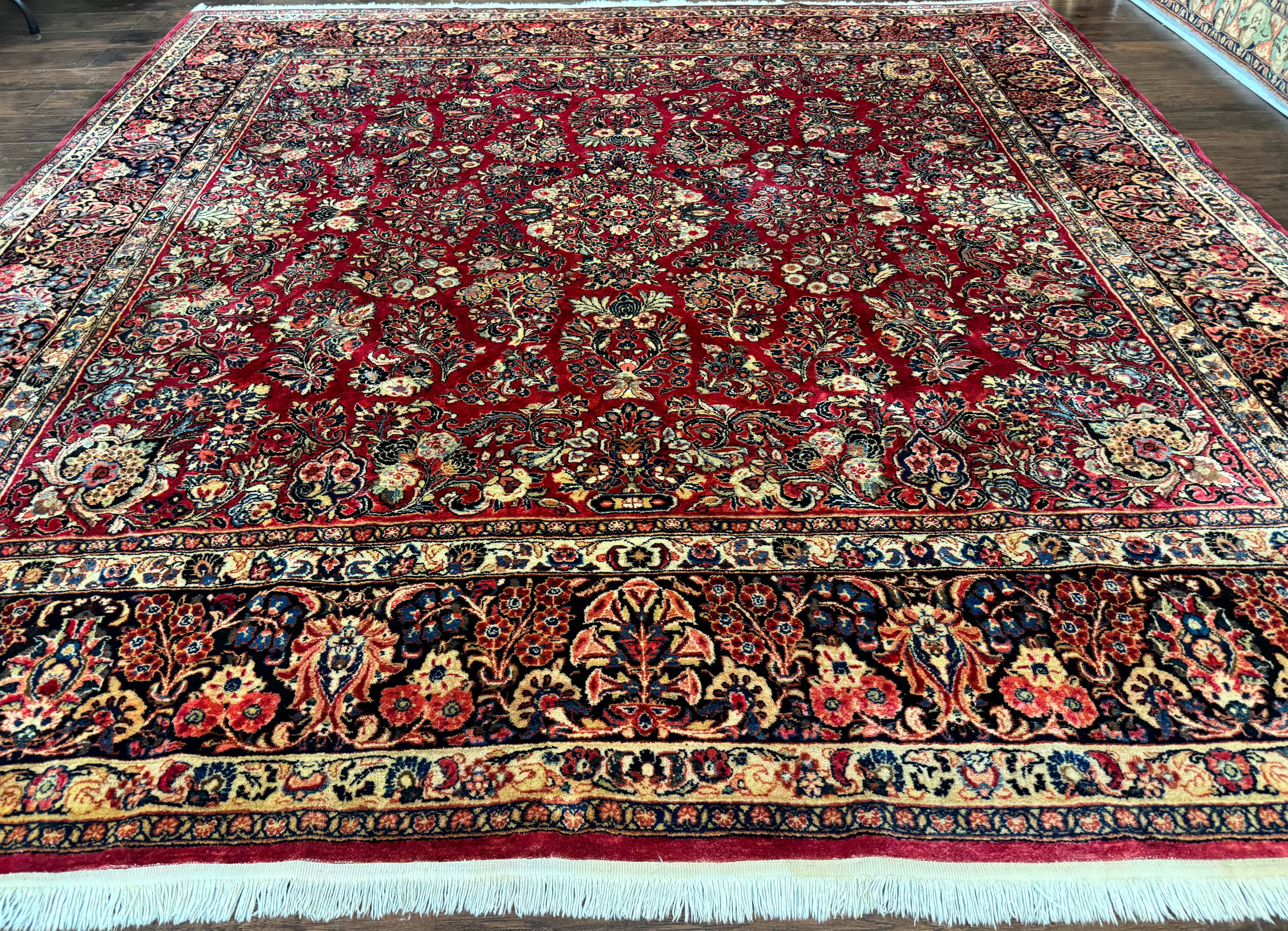 Persian Sarouk Rug 10x10, Square Persian Carpet, Red, Floral, Antique - Jewel Rugs