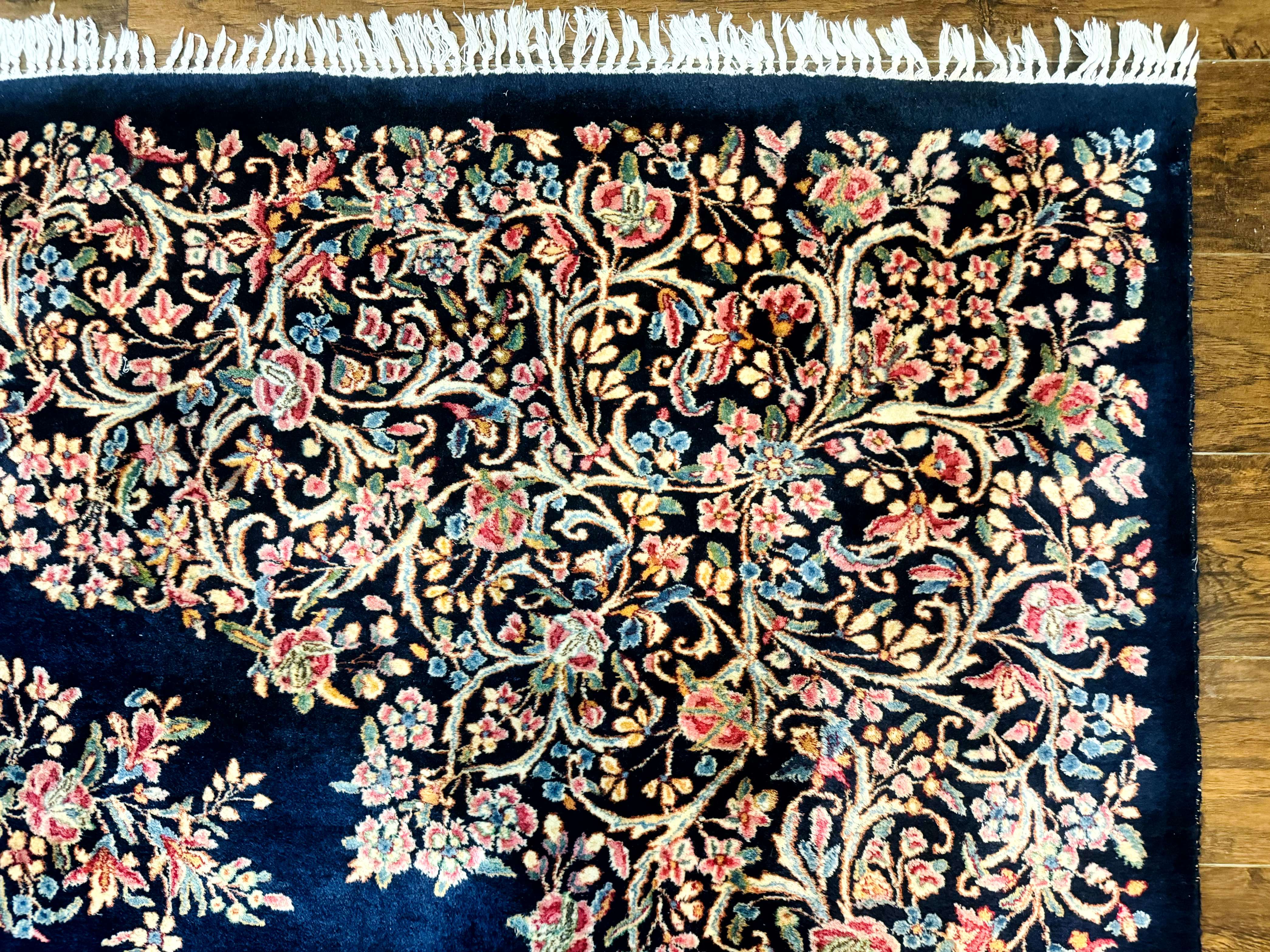 Antique Persian Kerman Rug 10x13, Navy Blue Floral Carpet, Fine 270 KPSI - Jewel Rugs