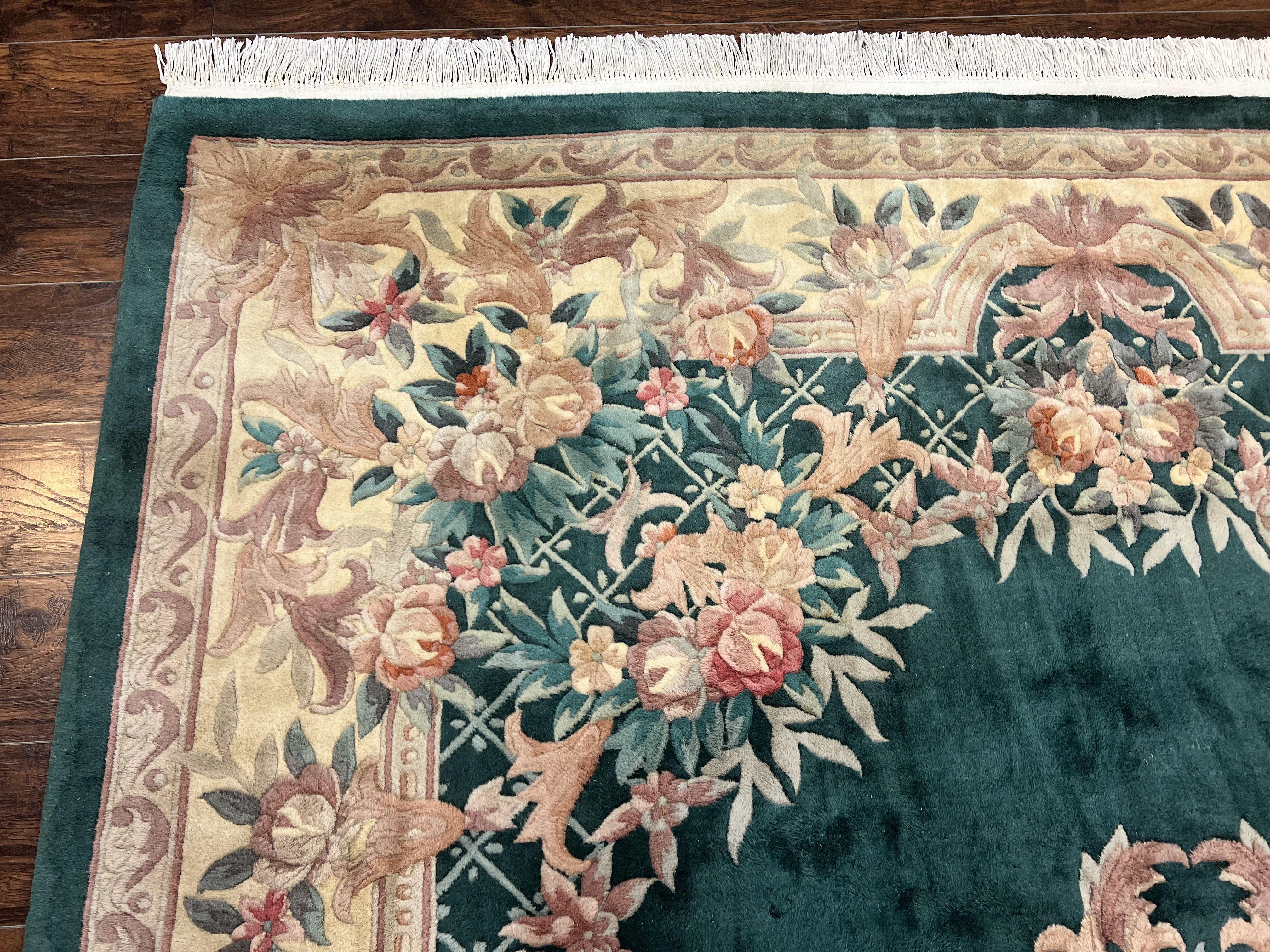 Chinese Wool Rug 9x11, Chinese Aubusson Carpet 9 x 11, Green and Cream, 120 Line, Handmade Room Sized Plush Pile, Vintage Rug - Jewel Rugs