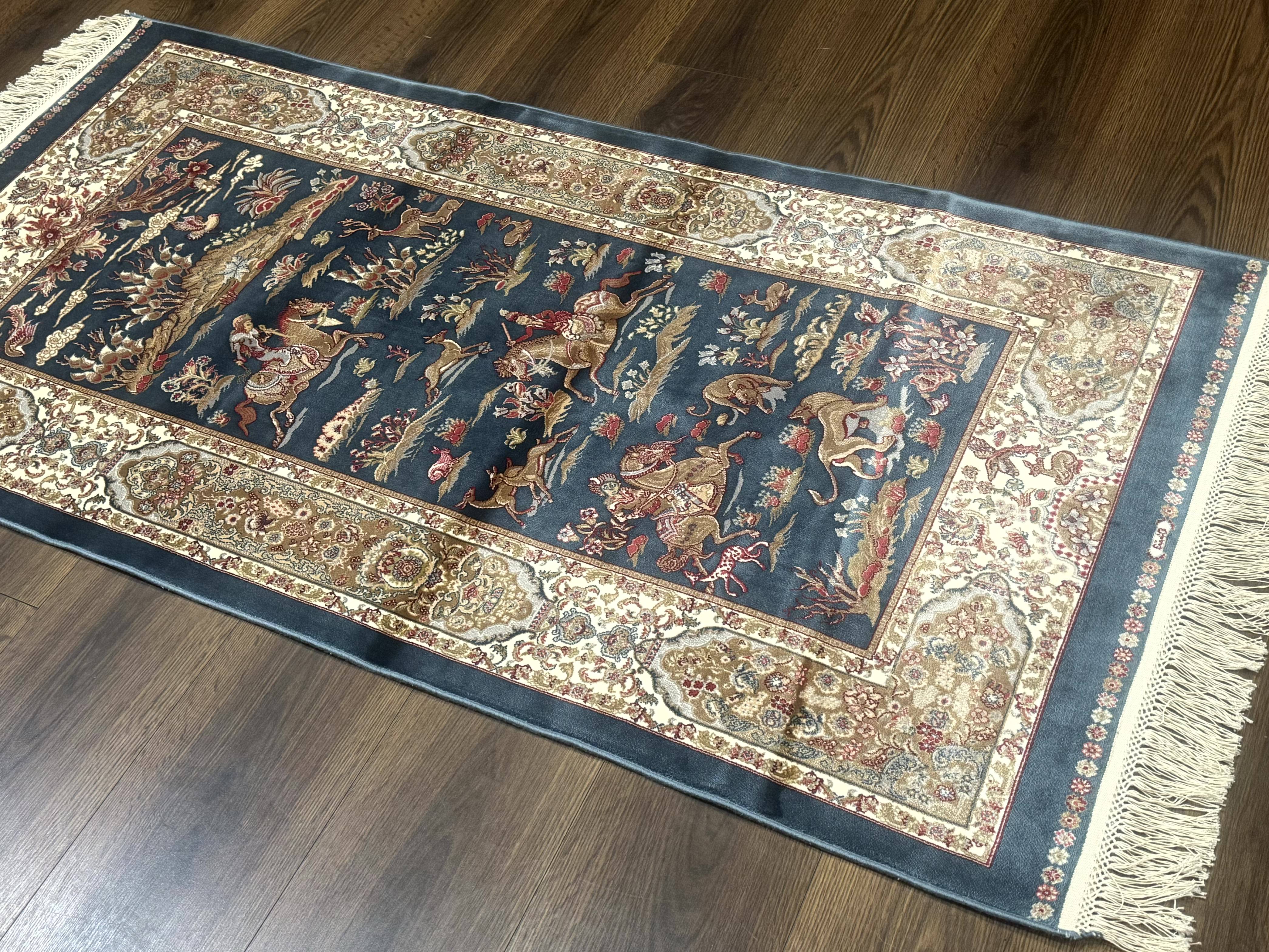 Turkish Silk Hunting Scene Rug 2.6 x 5, Dark Steel Blue & Ivory, Bamboo Silk, New - Jewel Rugs