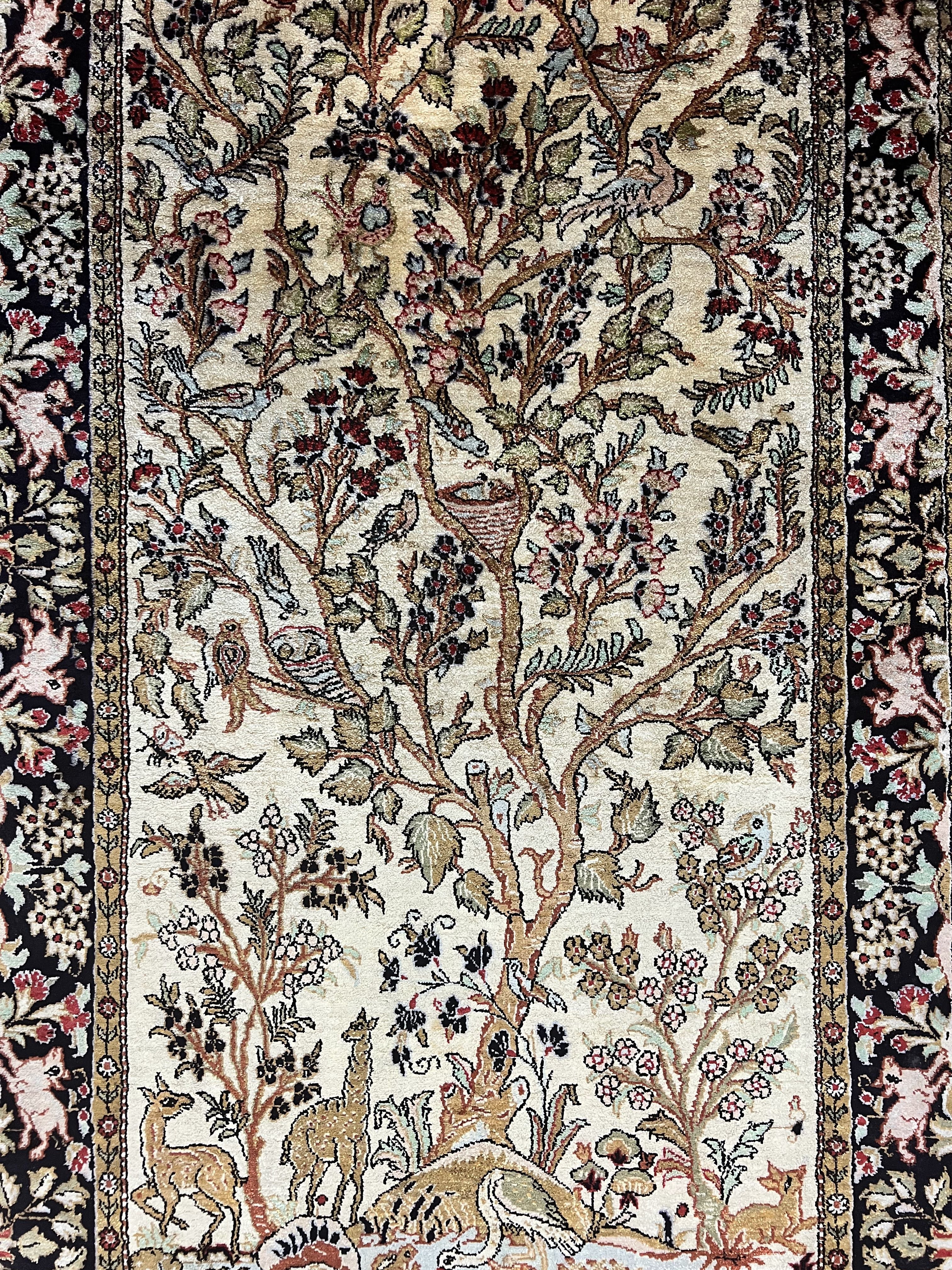 Silk Tree of Life Persian Qum Rug 3x4, Hand Knotted Vintage Carpet, Cream & Black, Very Fine Oriental Rug, Animal Pictorials, Birds - Jewel Rugs