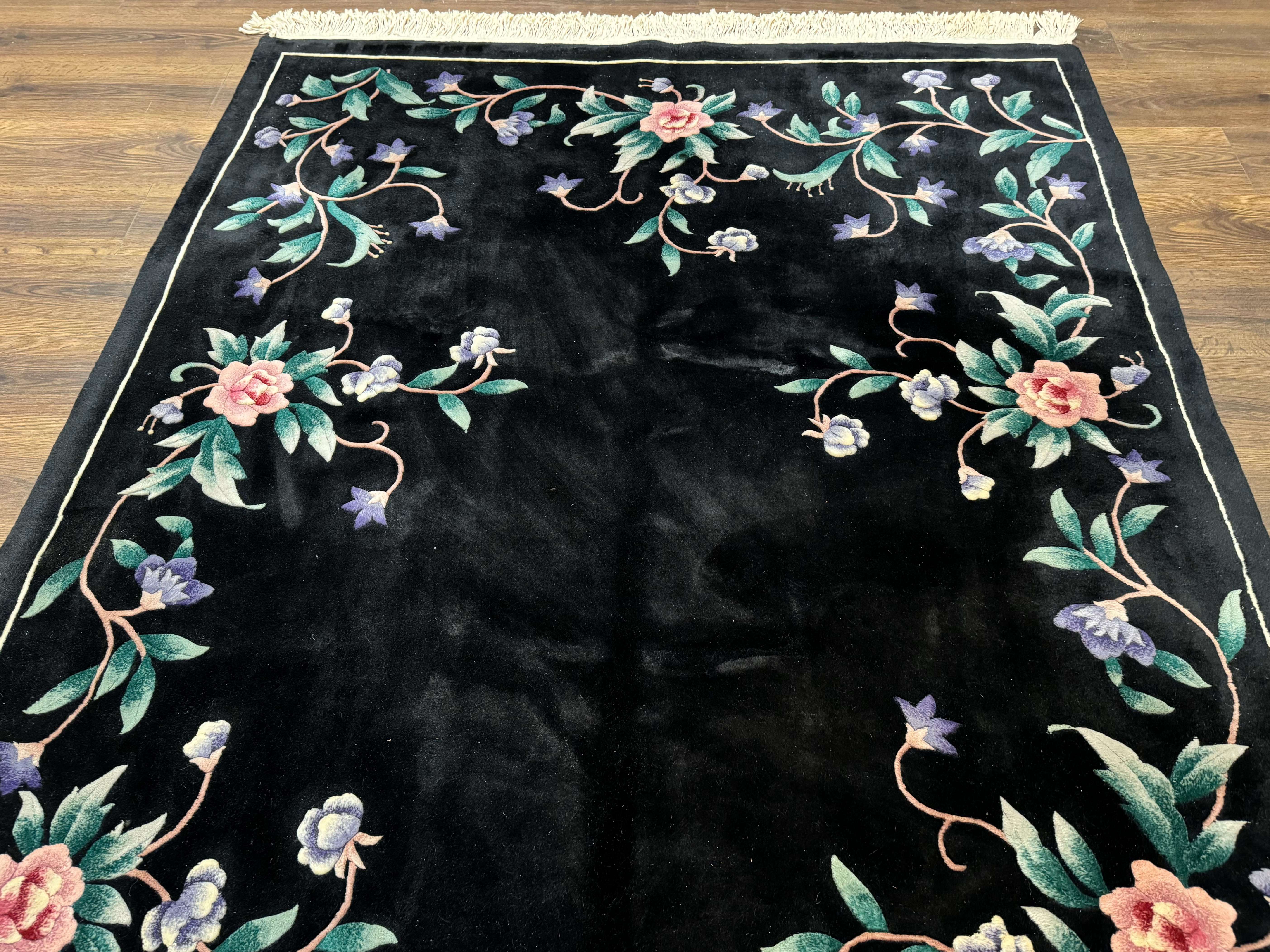 Chinese Wool Rug 6x9, Black, Floral, Minimal Design, 90 Line Carpet, Vintage Art Deco Rug - Jewel Rugs