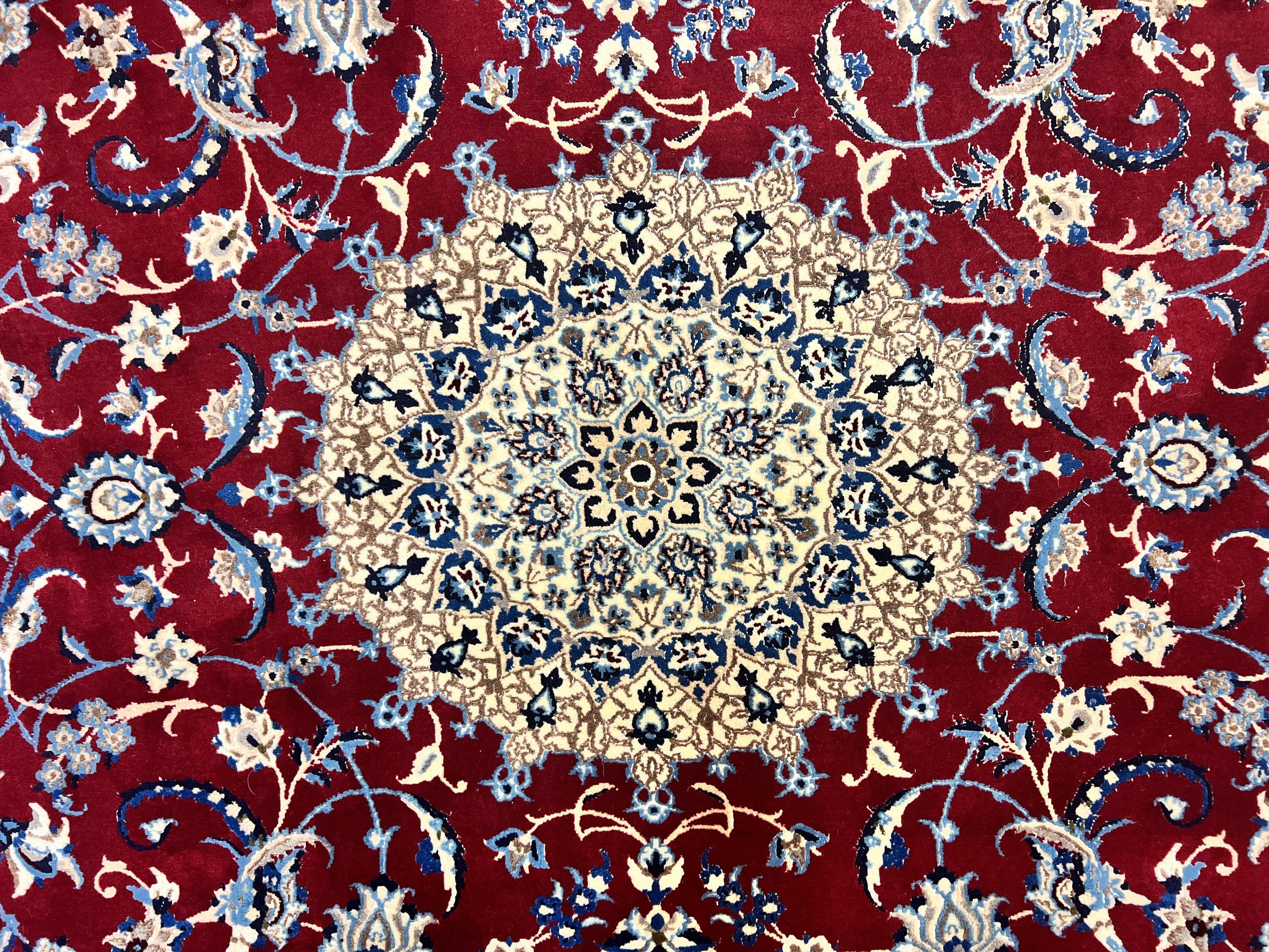 Persian Nain Rug 6x10, Wool and Silk Highlights, Red and Ivory, Floral Medallion, Vintage Handmade Hand Knotted, Fine 225 KPSI, Traditional Rug - Jewel Rugs