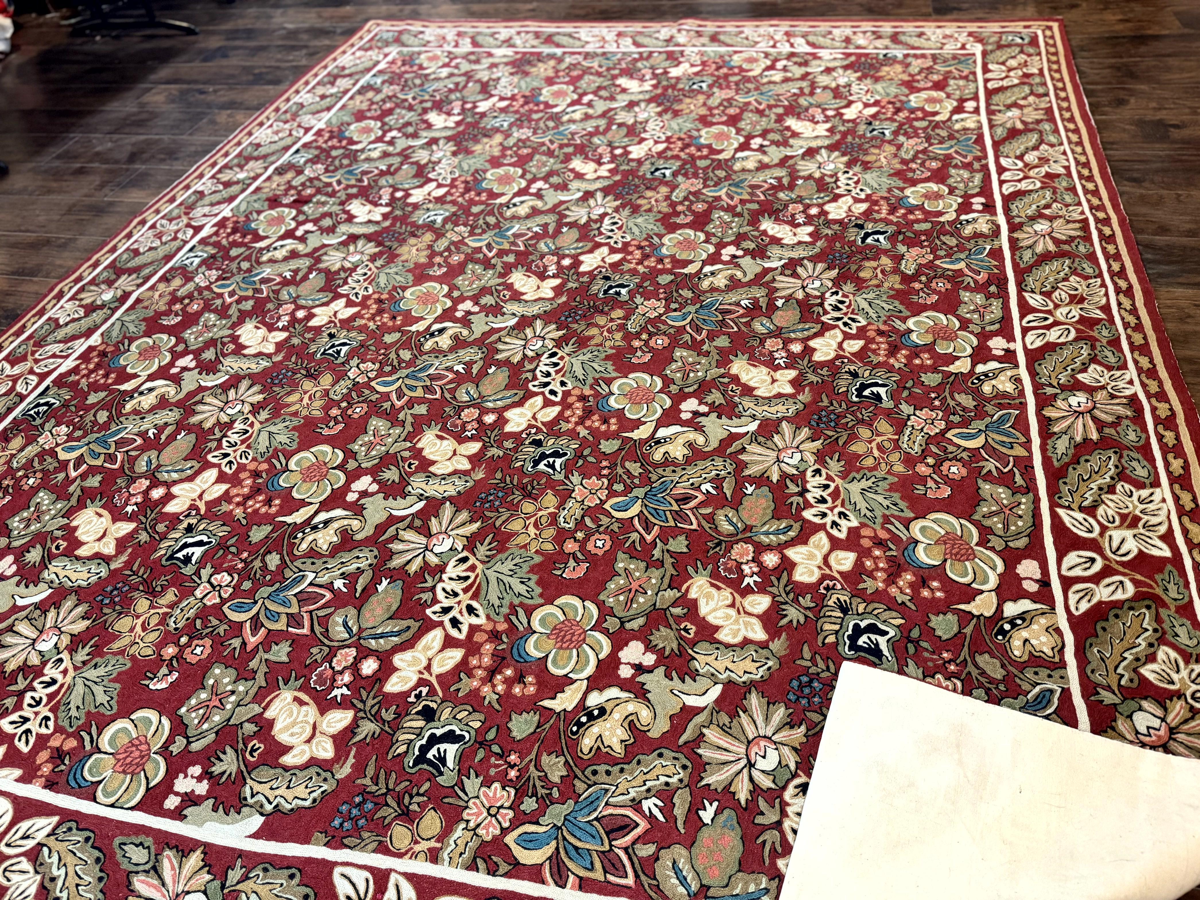 Indian Hand Stitched Rug 8x10, Large Vintage Floral Handmade Carpet, Dark Red Multicolor - Jewel Rugs