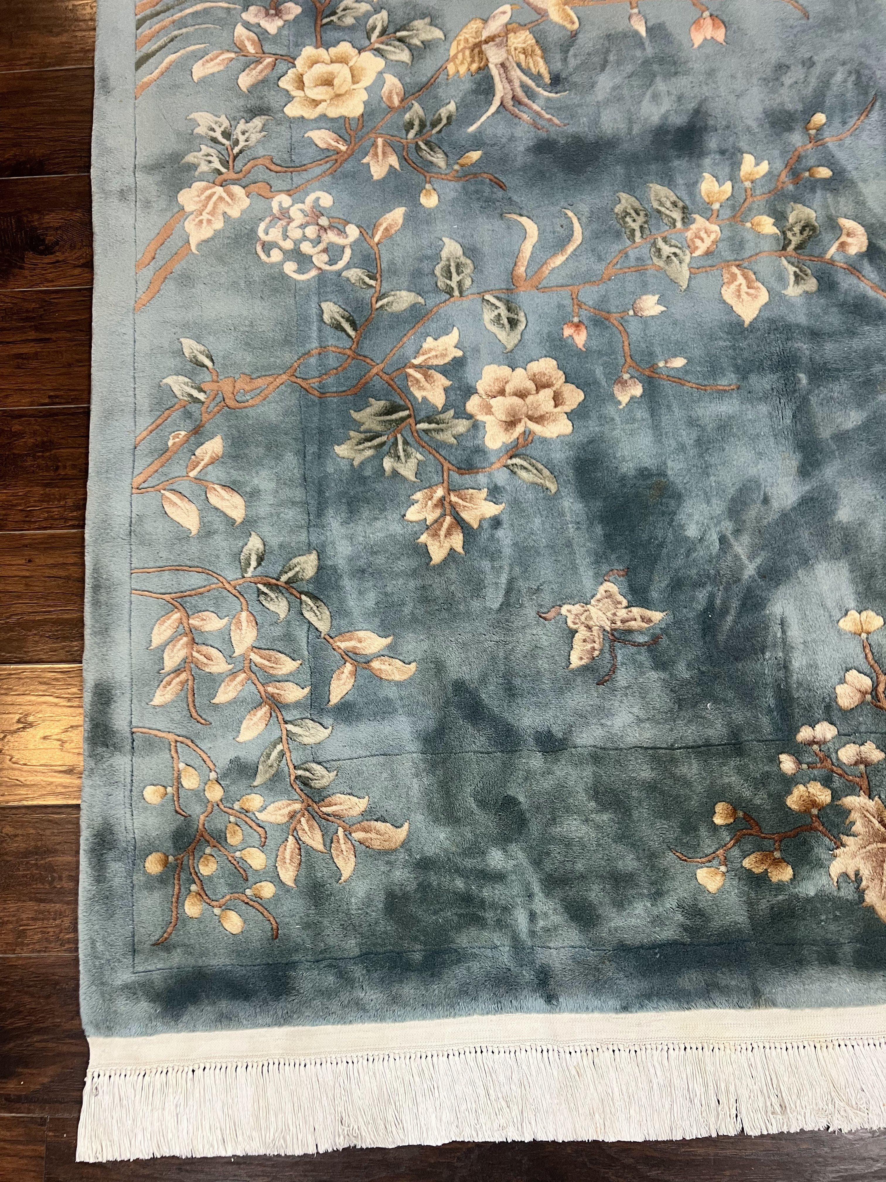 Chinese Wool Rug 9x12, Art Deco Carpet 9 x 12, Wool Handmade Vintage 90 Line Carving Rug, Floral Simple Design - Jewel Rugs