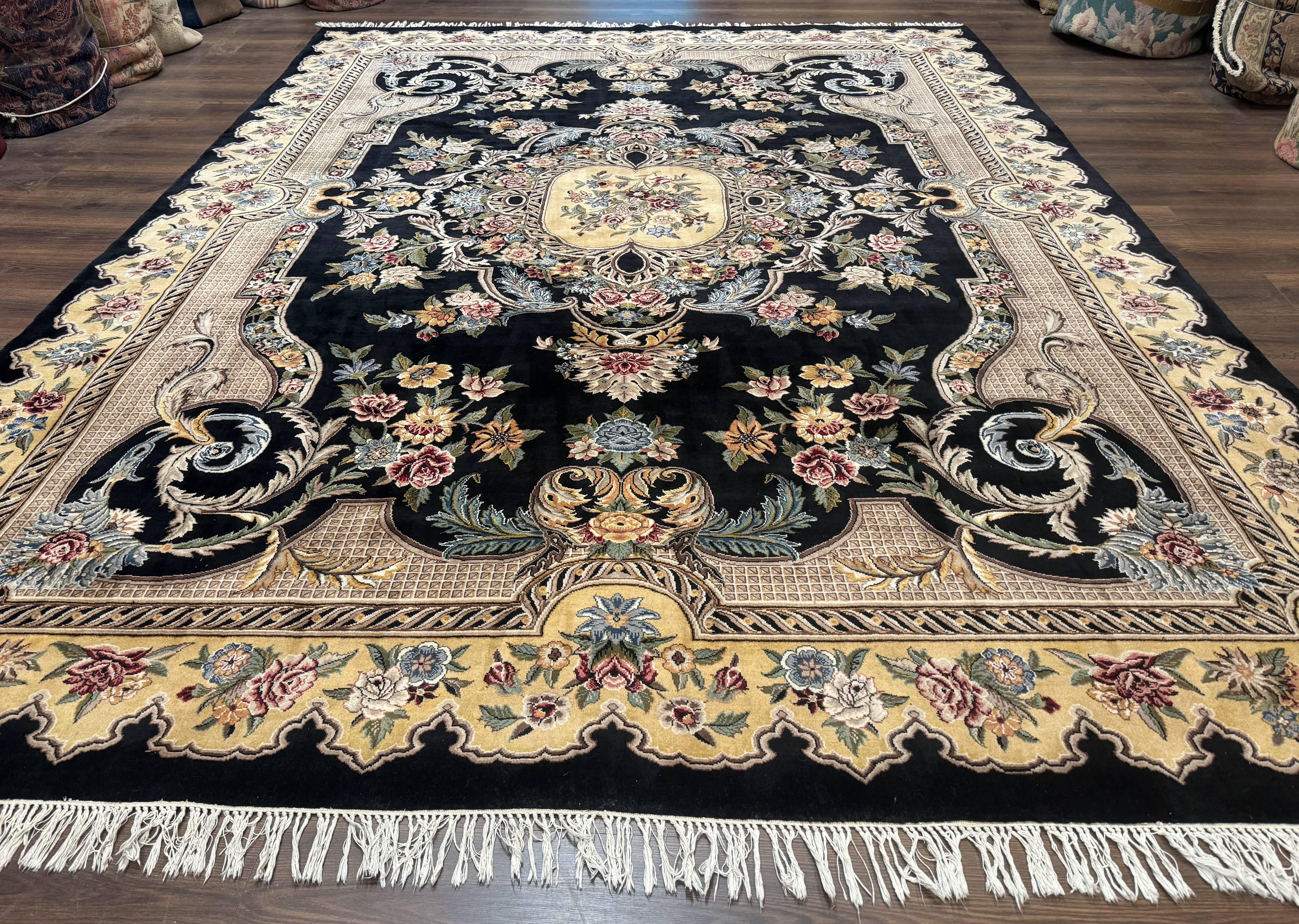 Aubusson Rug 9x12, Black and Beige, Floral, Elegant Handmade French European Design Carpet - Jewel Rugs