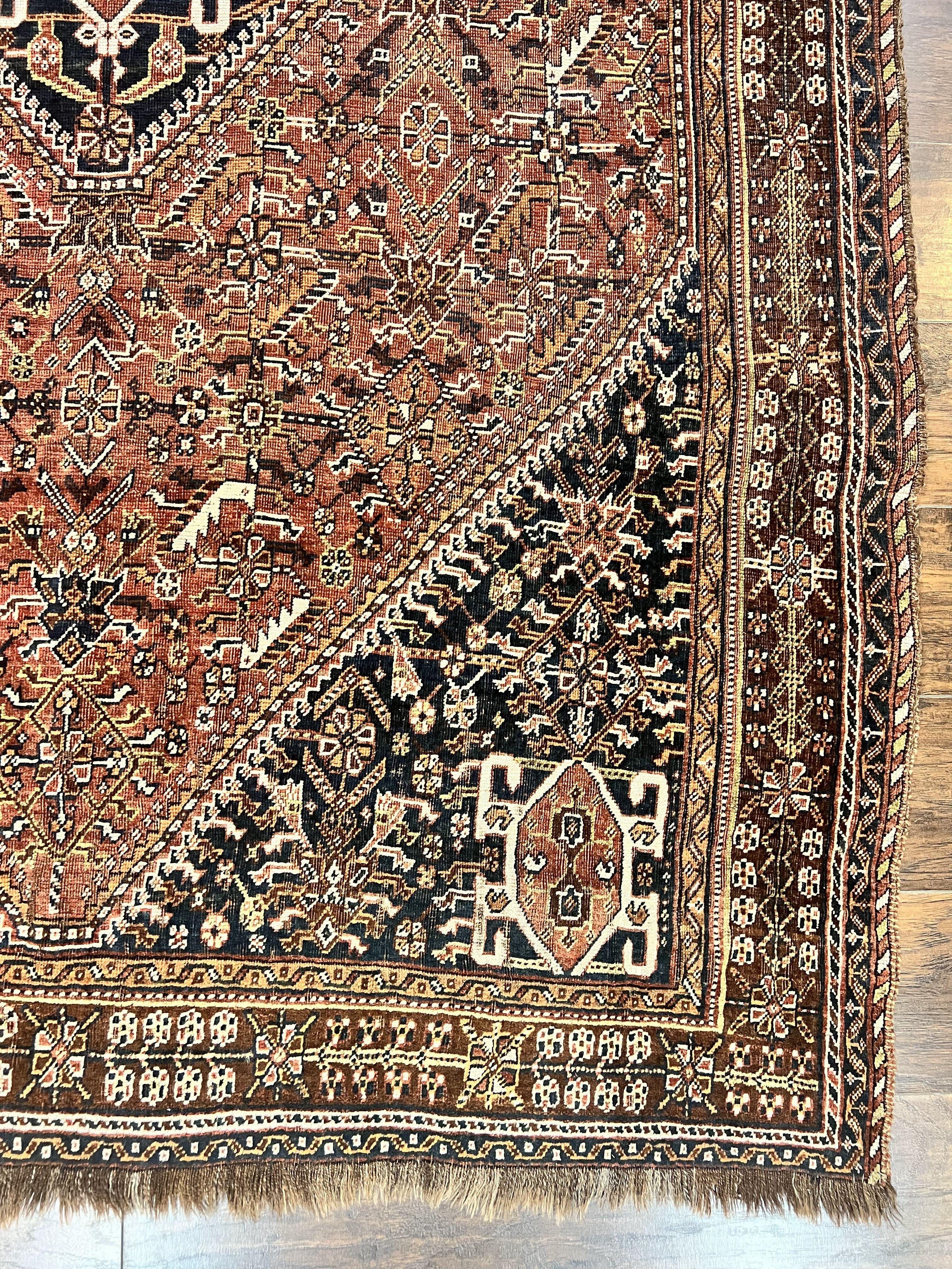 Antique Persian Shiraz Tribal Rug 6x8, Geometric Rug, Wool Handmade Hand Knotted Carpet, Red Blue - Jewel Rugs