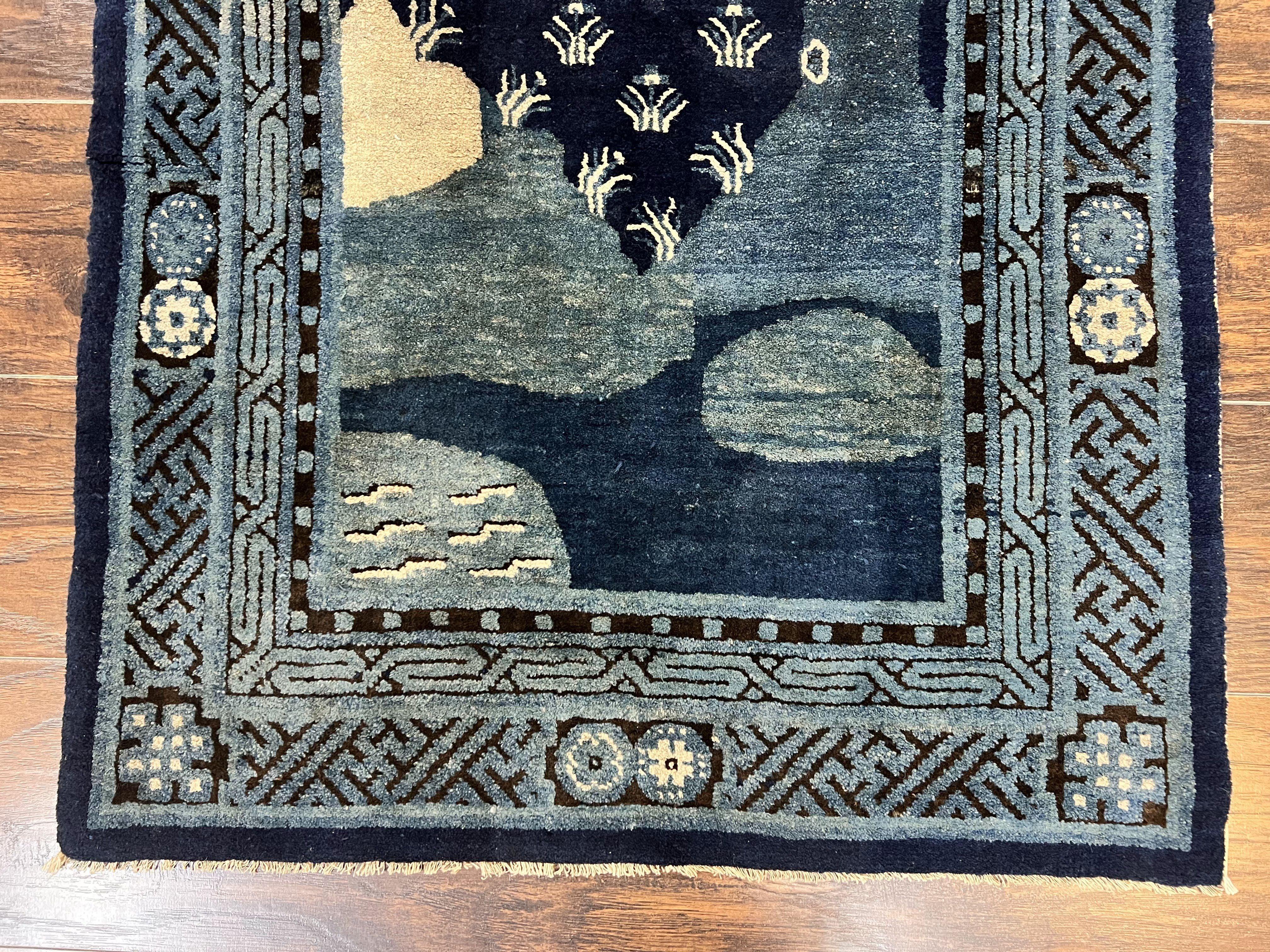 Antique Chinese Peking Rug 3x5, Dark Blue Chinese Wool Rug 3 x 5, Animal Pictorials Deer Birds, Handmade Asian Oriental Chinese Carpet - Jewel Rugs