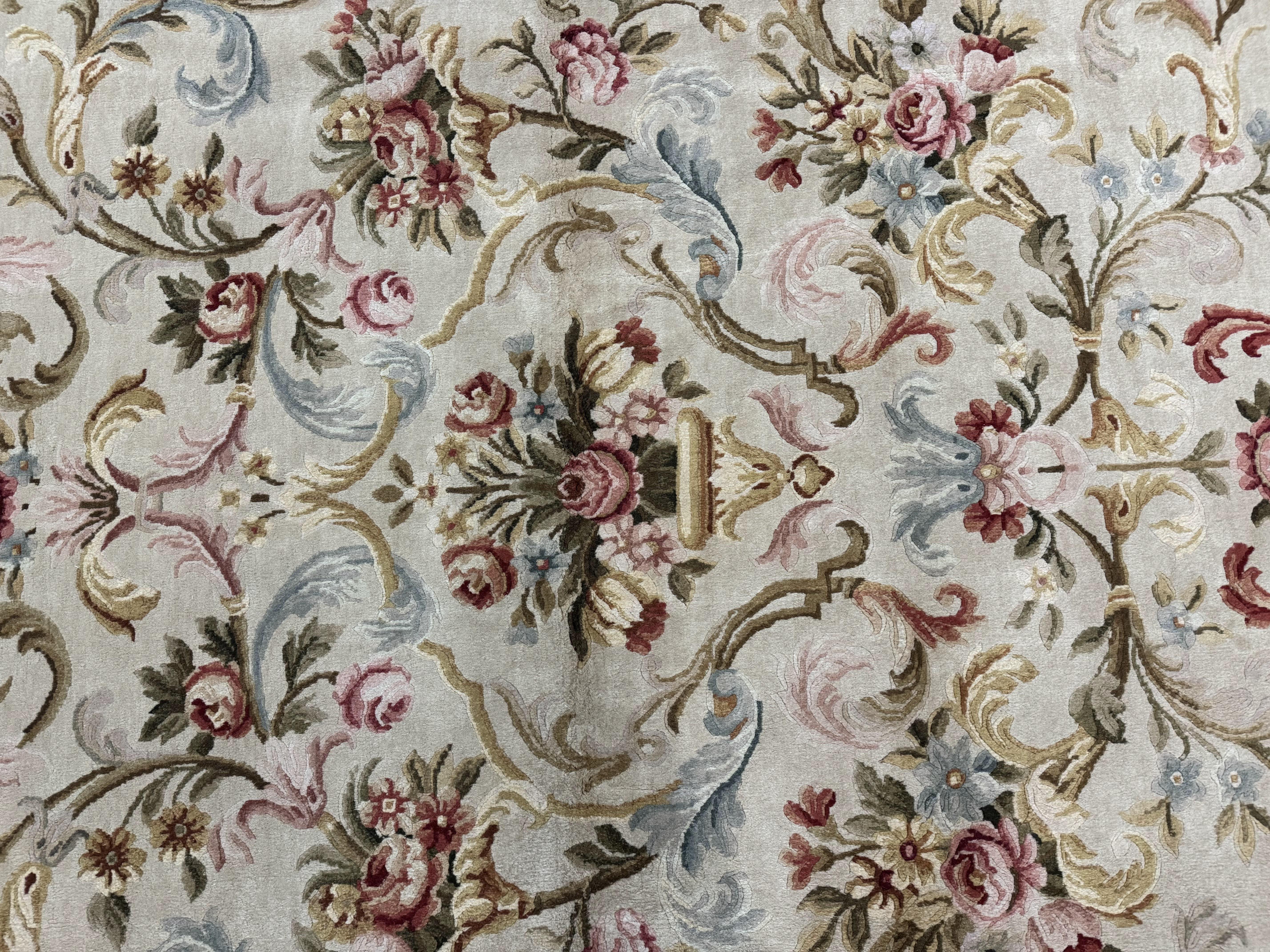 Aubusson Rug 8x10, French European Design, Vintage Handmade Wool Carpet, Aubusson Rug with Pile, Floral - Jewel Rugs