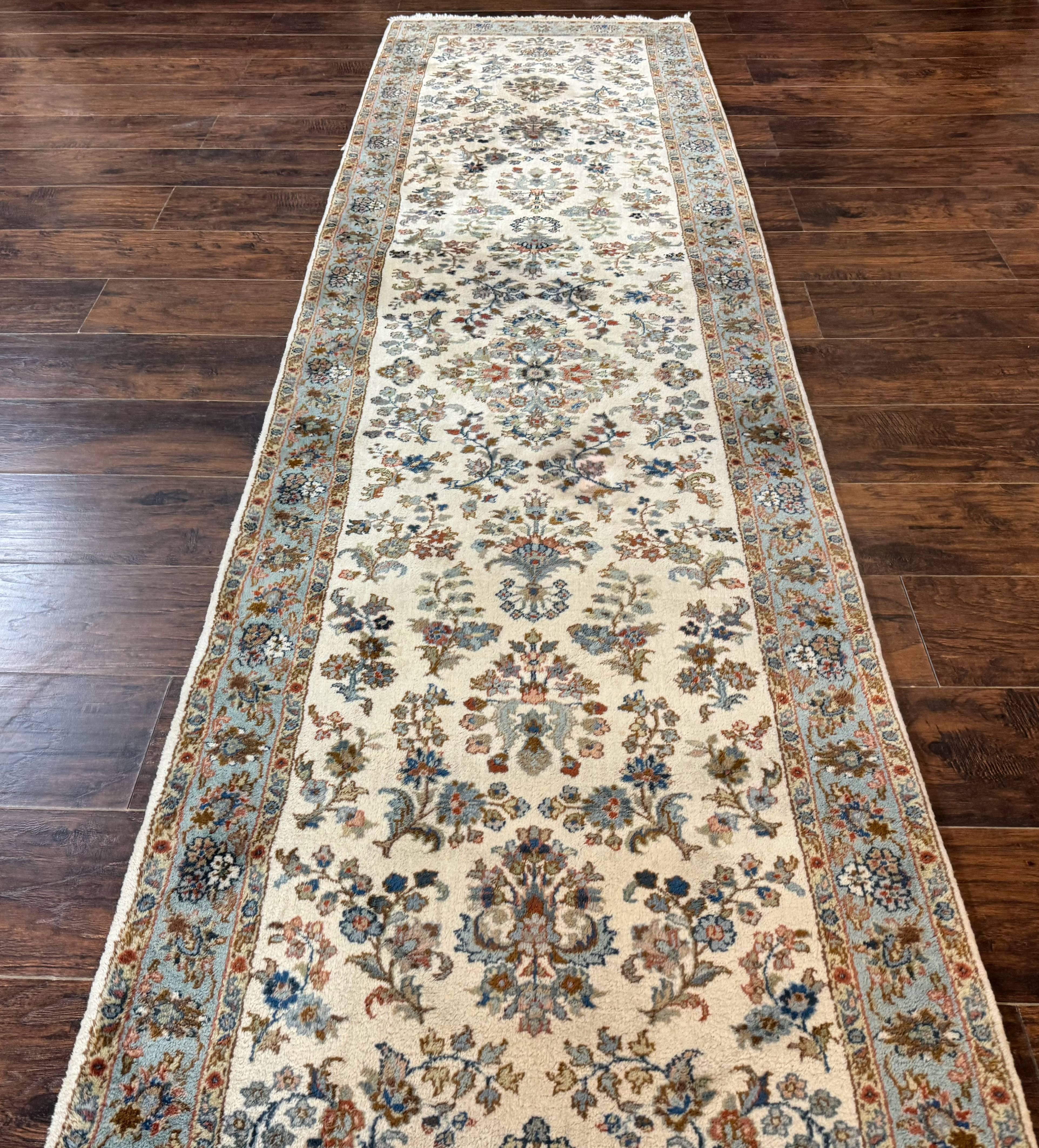 Indo Persian Sarouk Runner Rug 3x12, Cream and Light Blue, Oriental Runner for Hallway or Kitchen 3 x 12 - Jewel Rugs