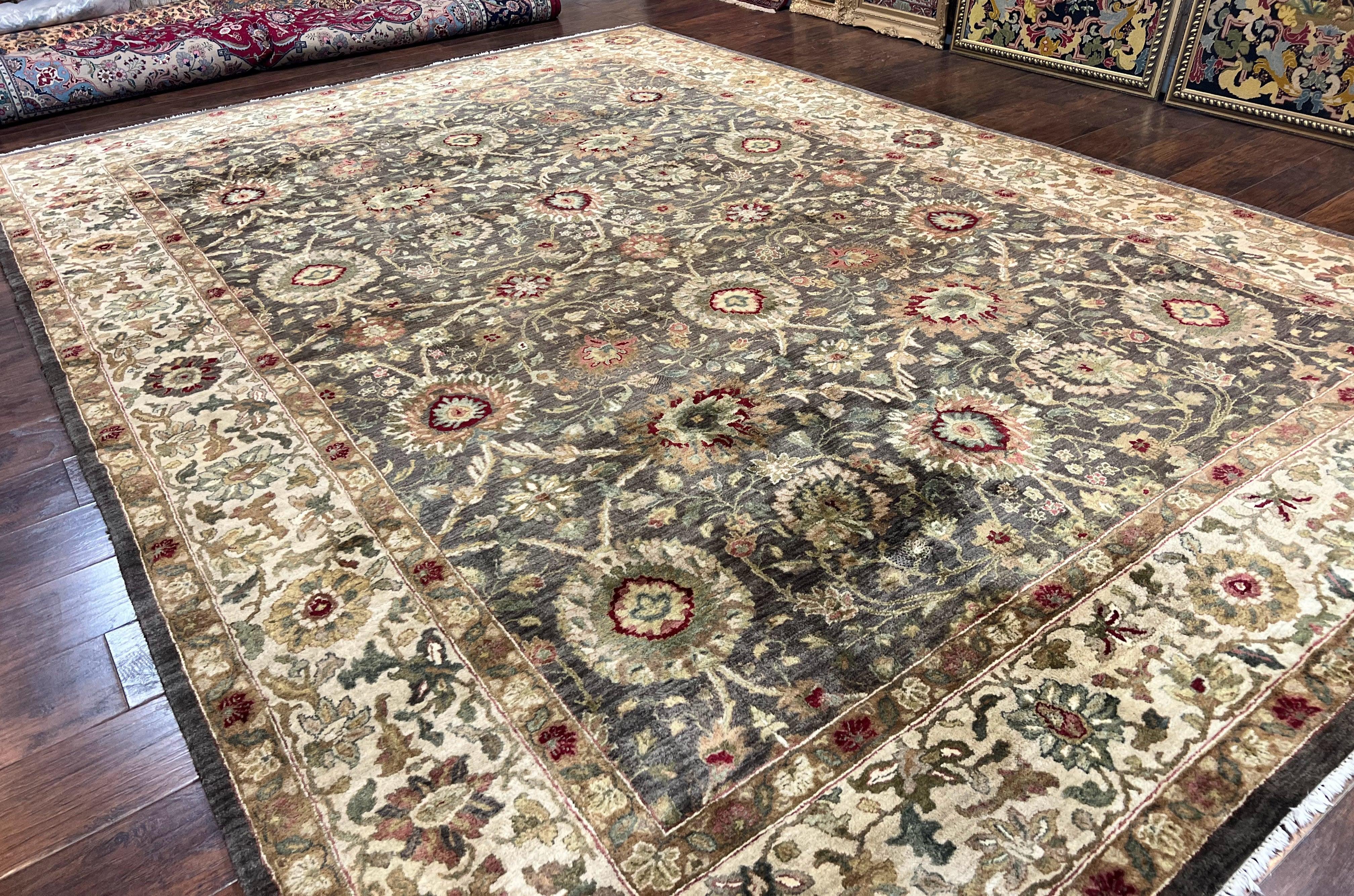 Indo Persian Rug 10x14, Indian Mahal Carpet, Large Wool Hand Knotted Carpet, Traditional Rug, Floral Allover, Dark Brown - Jewel Rugs