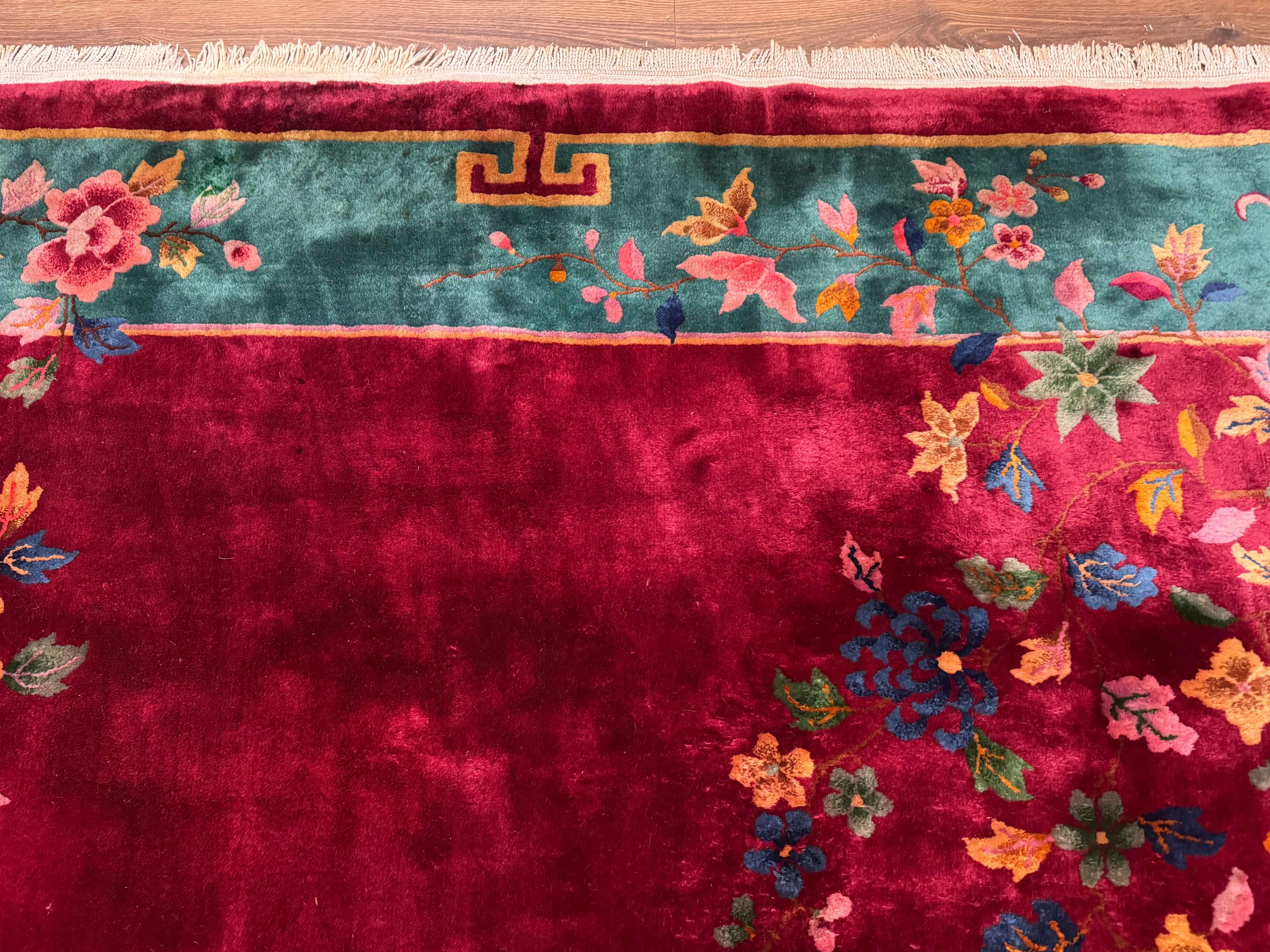 Antique Chinese Art Deco Rug 9x11, Rare, Nichols Rug, Cherry Red and Green, Chinese Wool Carpet - Jewel Rugs