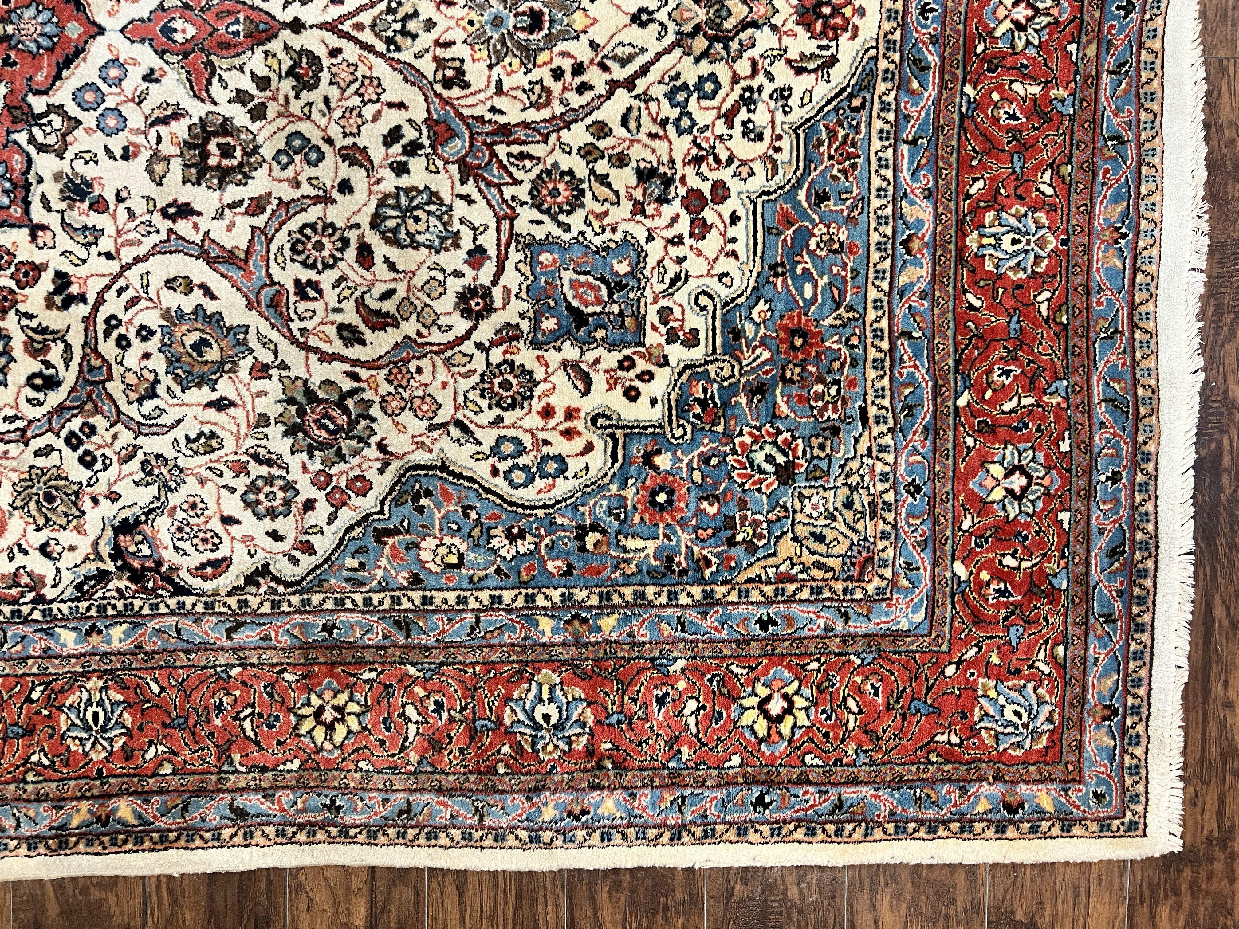 Persian Sarouk Rug 8x12, Wool Hand Knotted Antique Carpet, Floral Medallion, Cream Red, Traditional Oriental Rug - Jewel Rugs