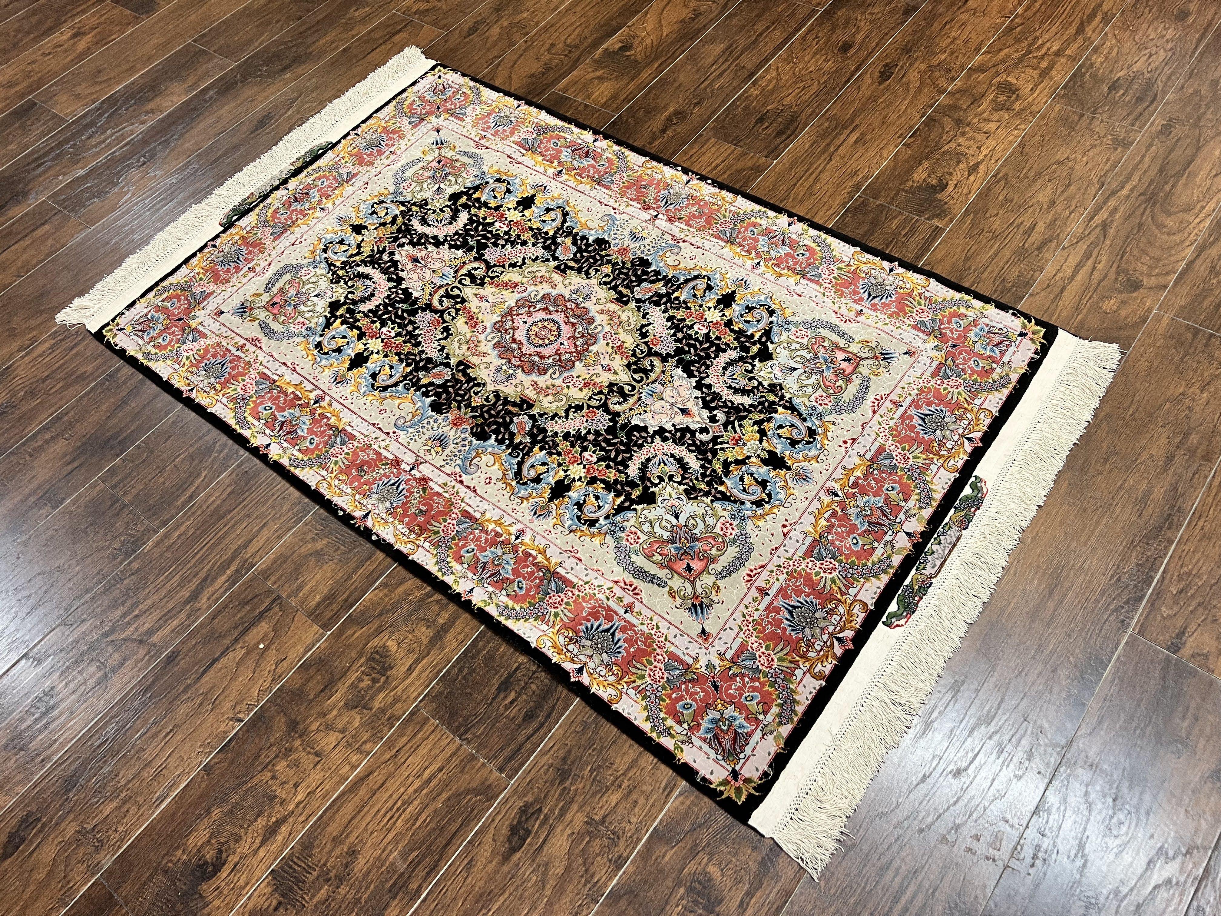 Wonderful 3x5 Persian Tabriz Rug, 650 KPSI, Kork Wool on Silk Foundation, Hand Knotted, Black and Red, Signed by Master Weaver, Floral Medallion - Jewel Rugs