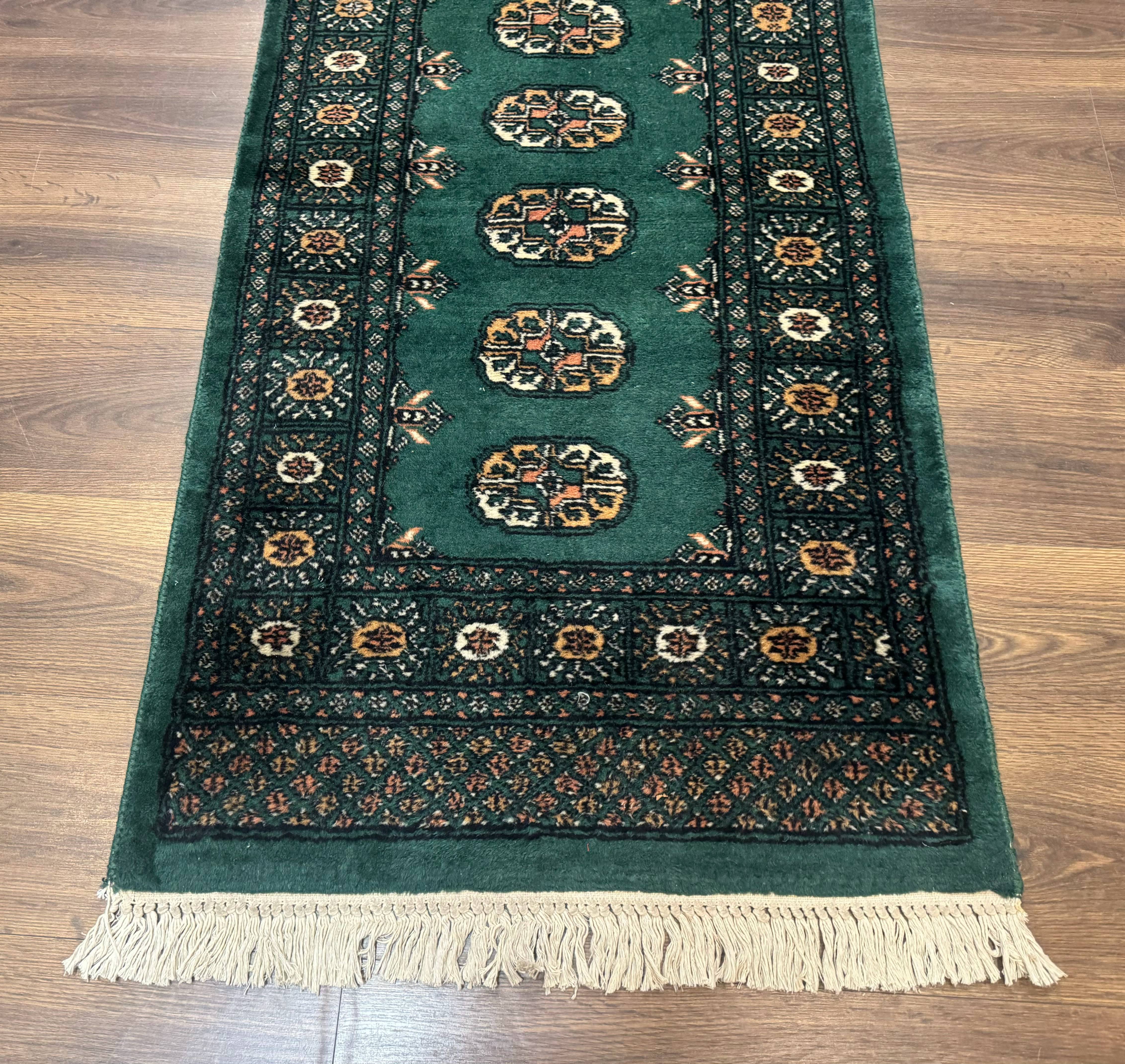 Pakistani Bokhara Runner Rug 2.5 x 11, Green Turkoman Wool Runner for Hallway - Jewel Rugs