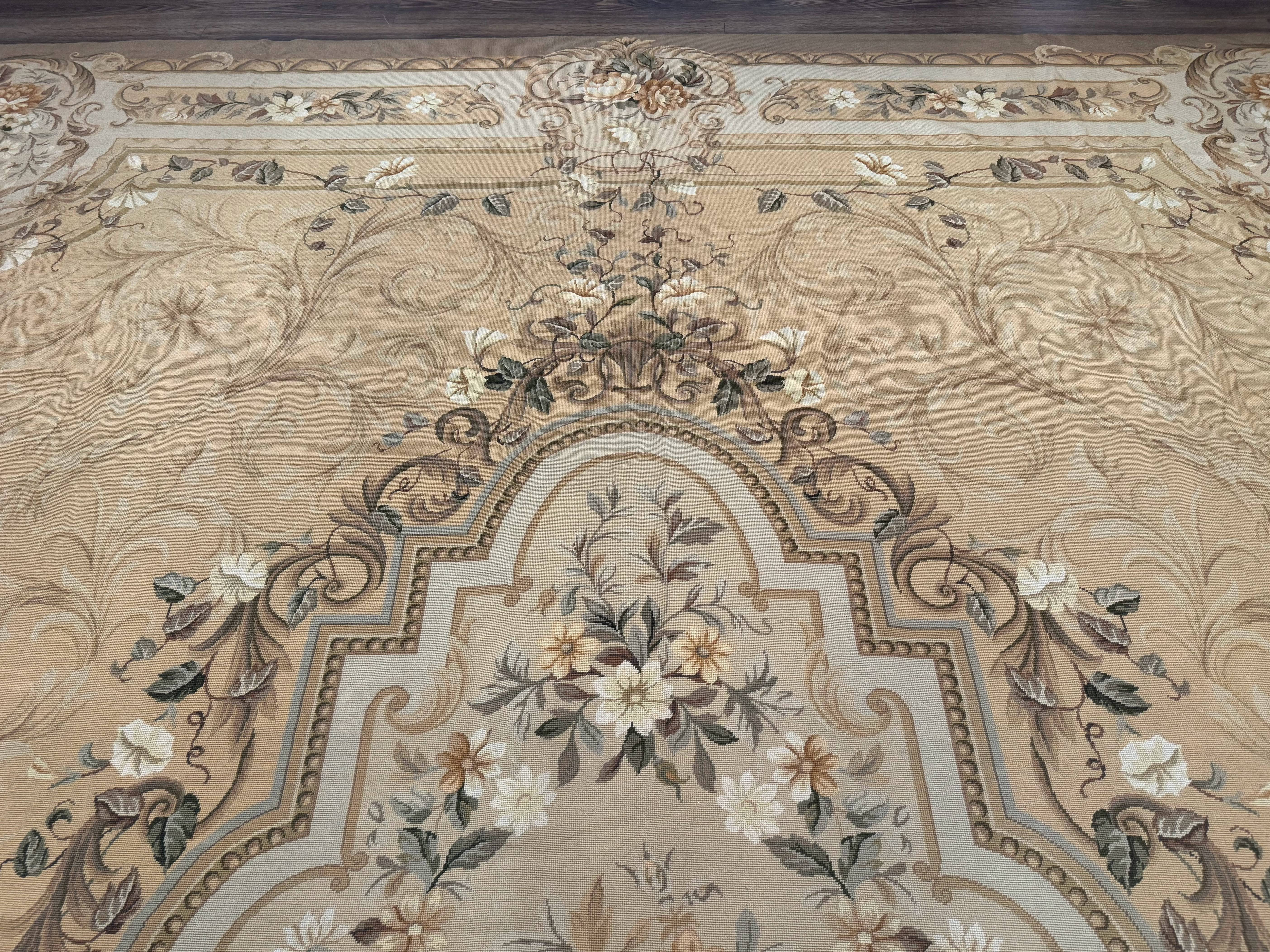 Large Needlepoint Rug 12x15, Palace Size Aubusson Carpet, Vintage, Handmade - Jewel Rugs