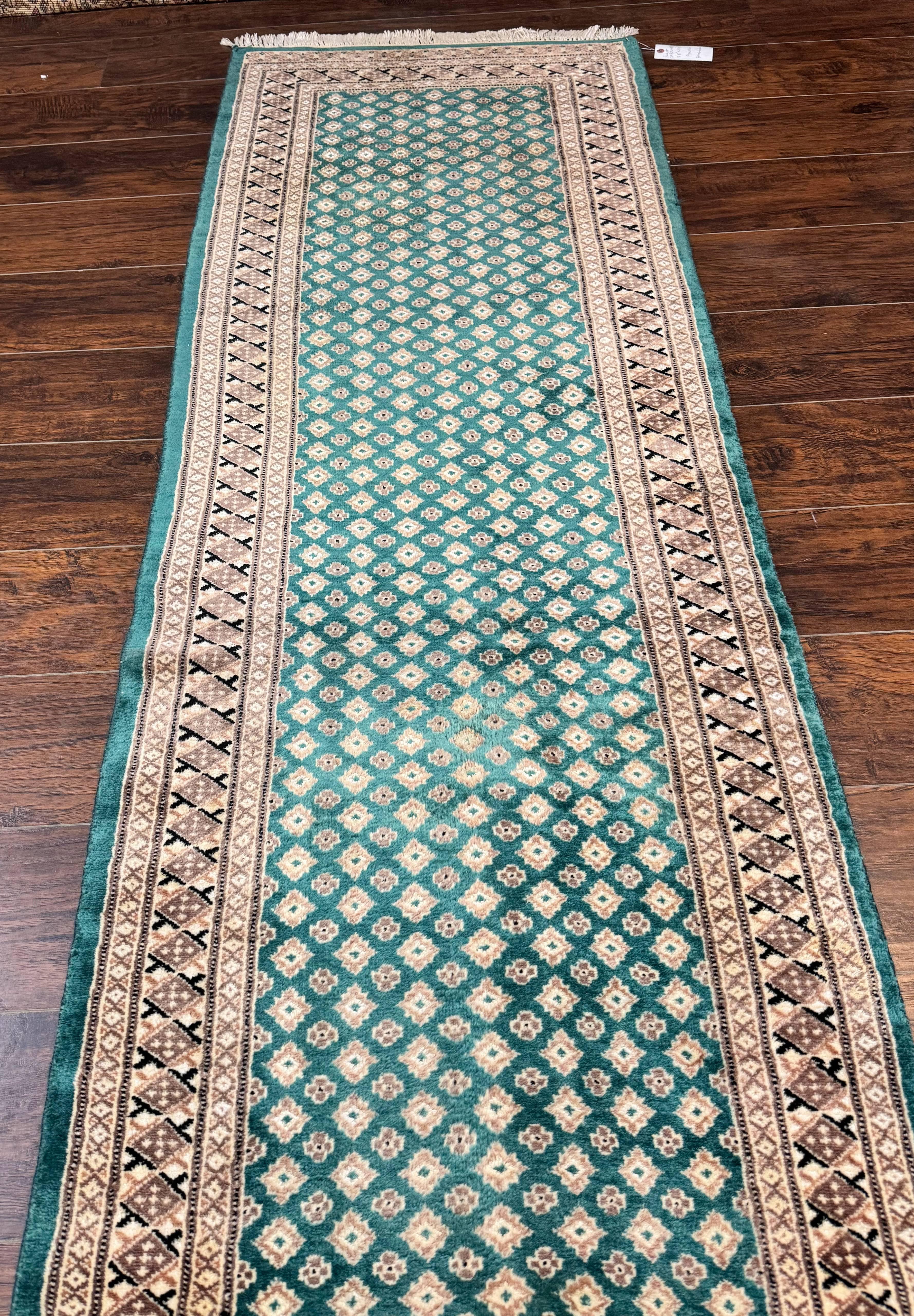 Long Pakistani Runner Rug 2.8 x 20, Hand Knotted Vintage Wool Hallway Rug, Turkoman Rug, Teal and Tan, Handmade Vintage Wool Runner - Jewel Rugs