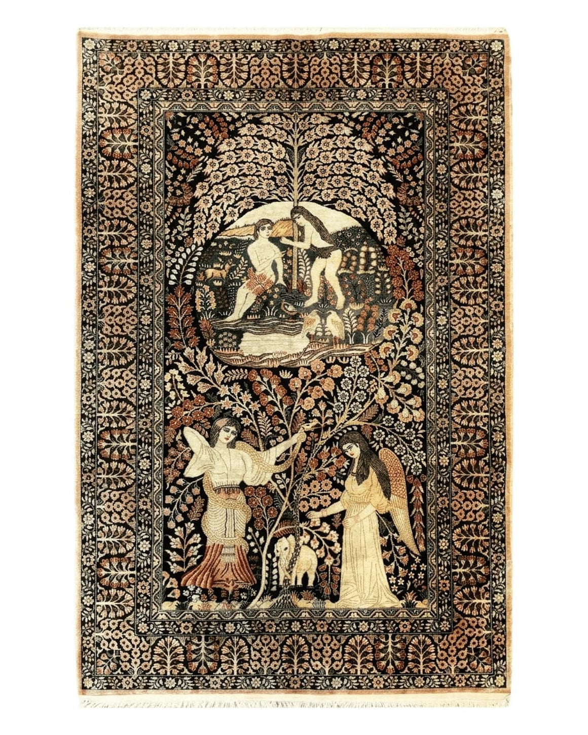 Sino Persian Pictorial Rug 2' 7" x 4', Garden of Eden Adam & Eve Tree of Life Design, Extremely Fine 580 KPSI, Masterpiece
