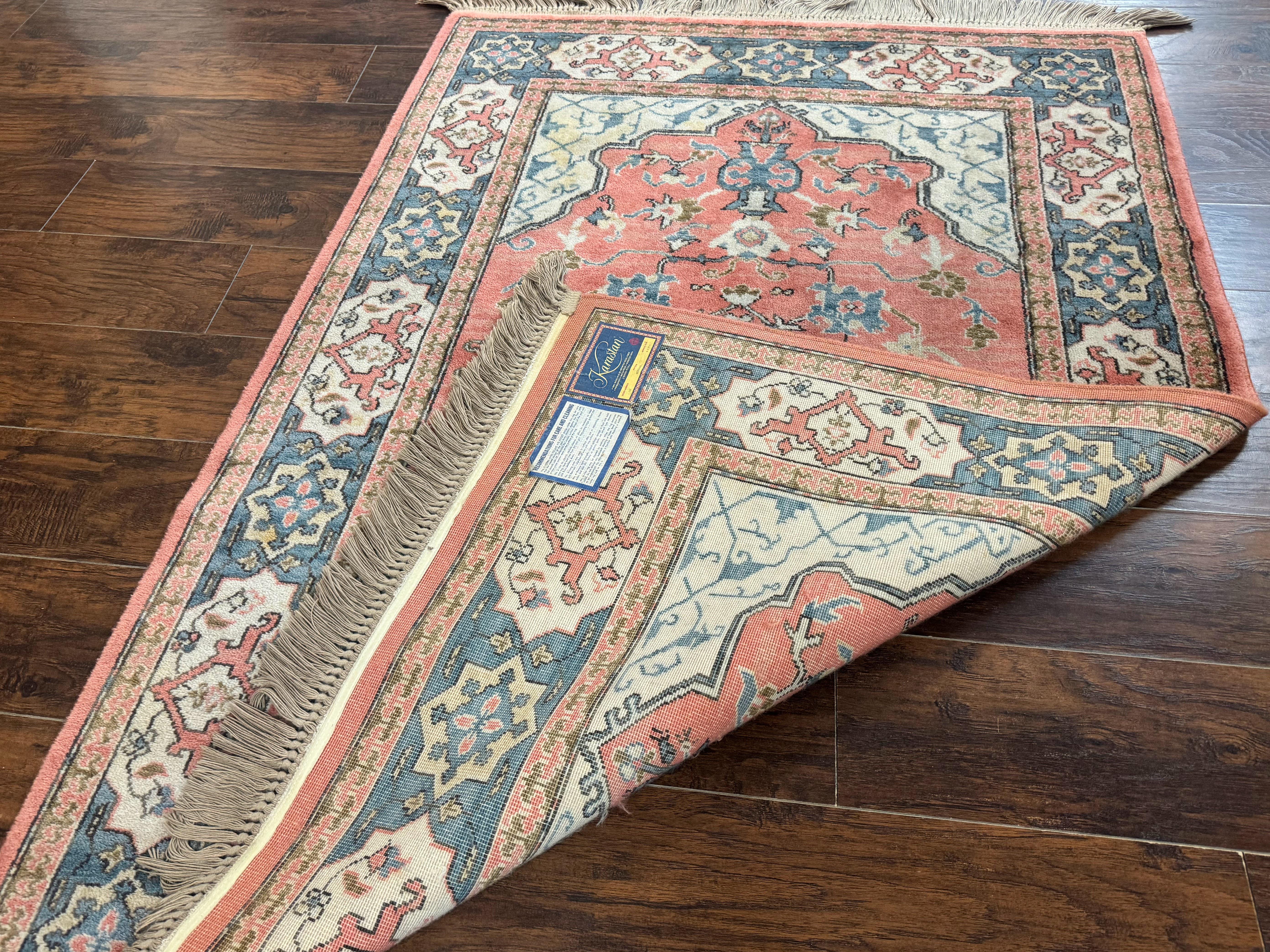 Karastan Rug 4x6 Bergama Design #737, Karastan Area Rug, Vintage Wool Karastan Carpet, Original Collection 700 Series, Salmon Red Light Blue - Jewel Rugs