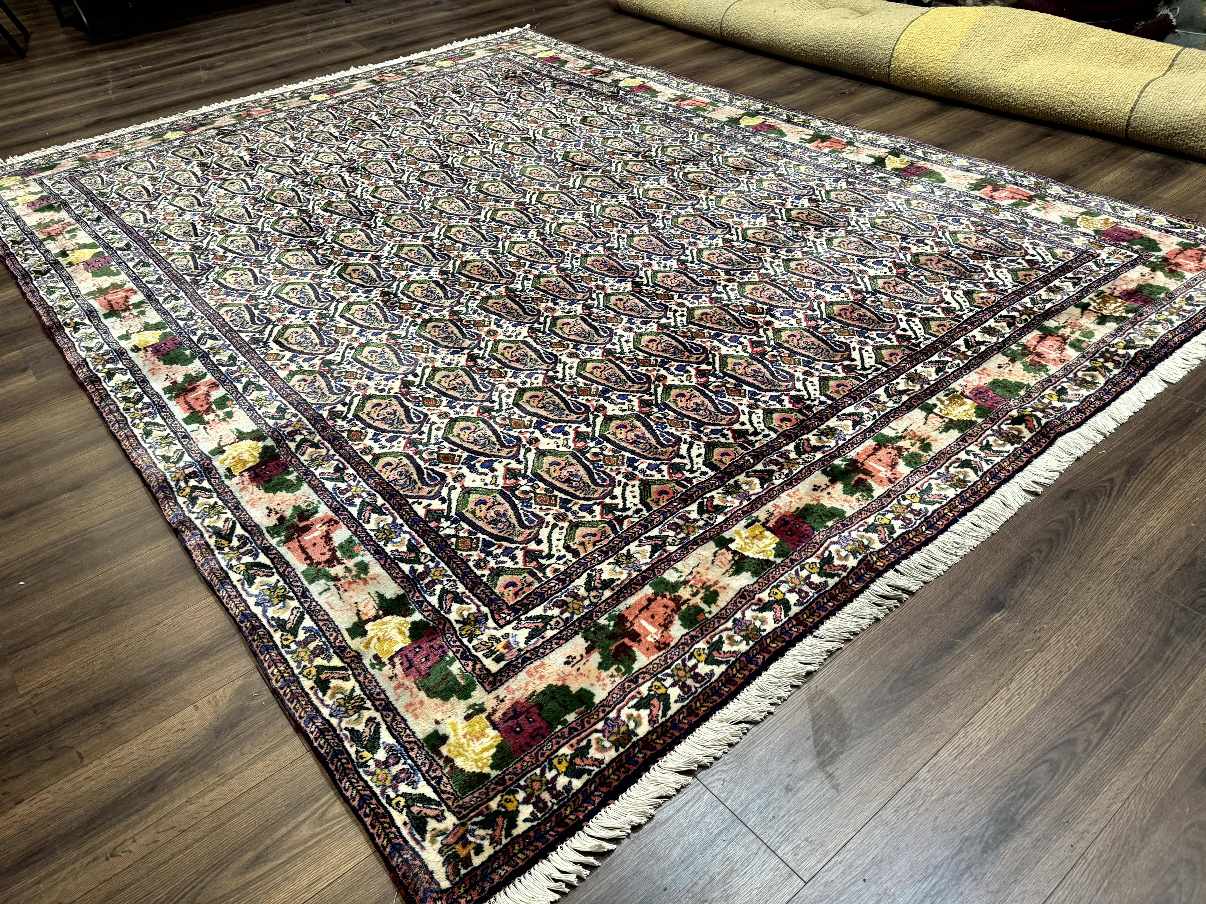 Persian Rug 8x11, Boteh Design, Repeated Paisleys, Persian Kurdish Rug, Bird Pictorials, Rare Antique Persian Kurdish Sannadaji Carpet - Jewel Rugs