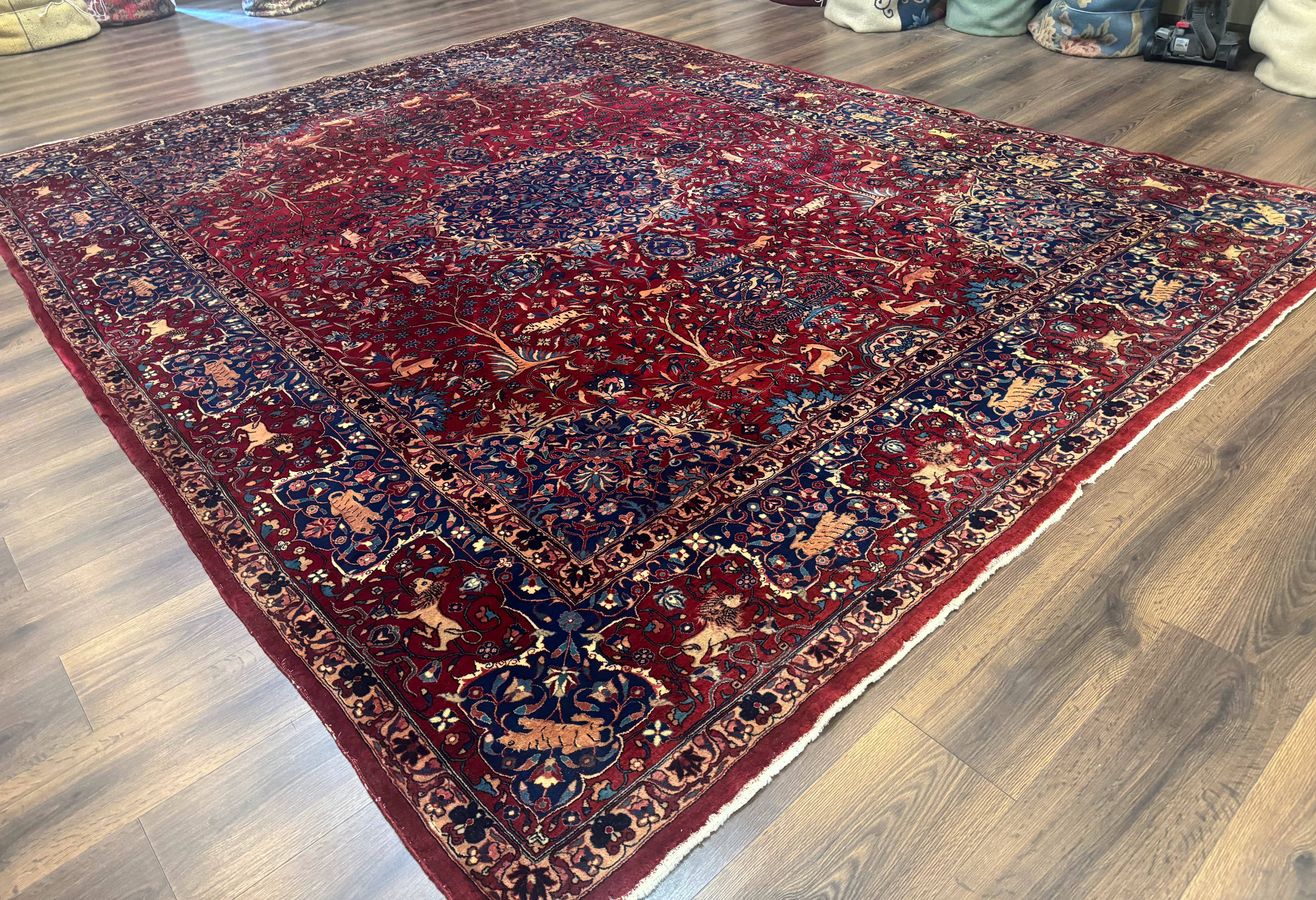 Antique Indo Persian Kerman Rug 9x12 Red Manchester Wool Animal Pictorials, Fine 290 KPSI - Jewel Rugs