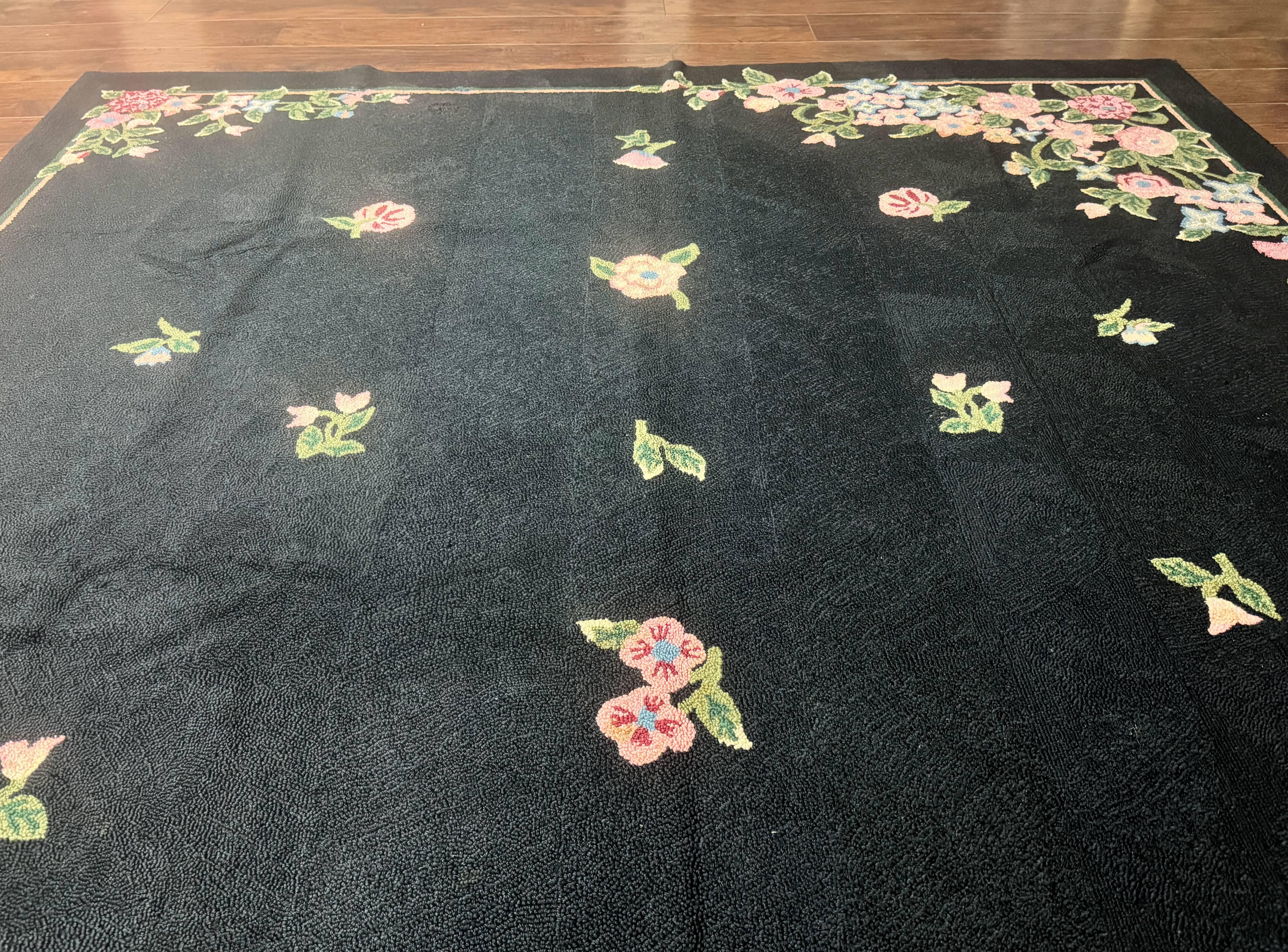 Vintage Hand Hooked Rug 8x11, Black, Handmade Floral Carpet - Jewel Rugs