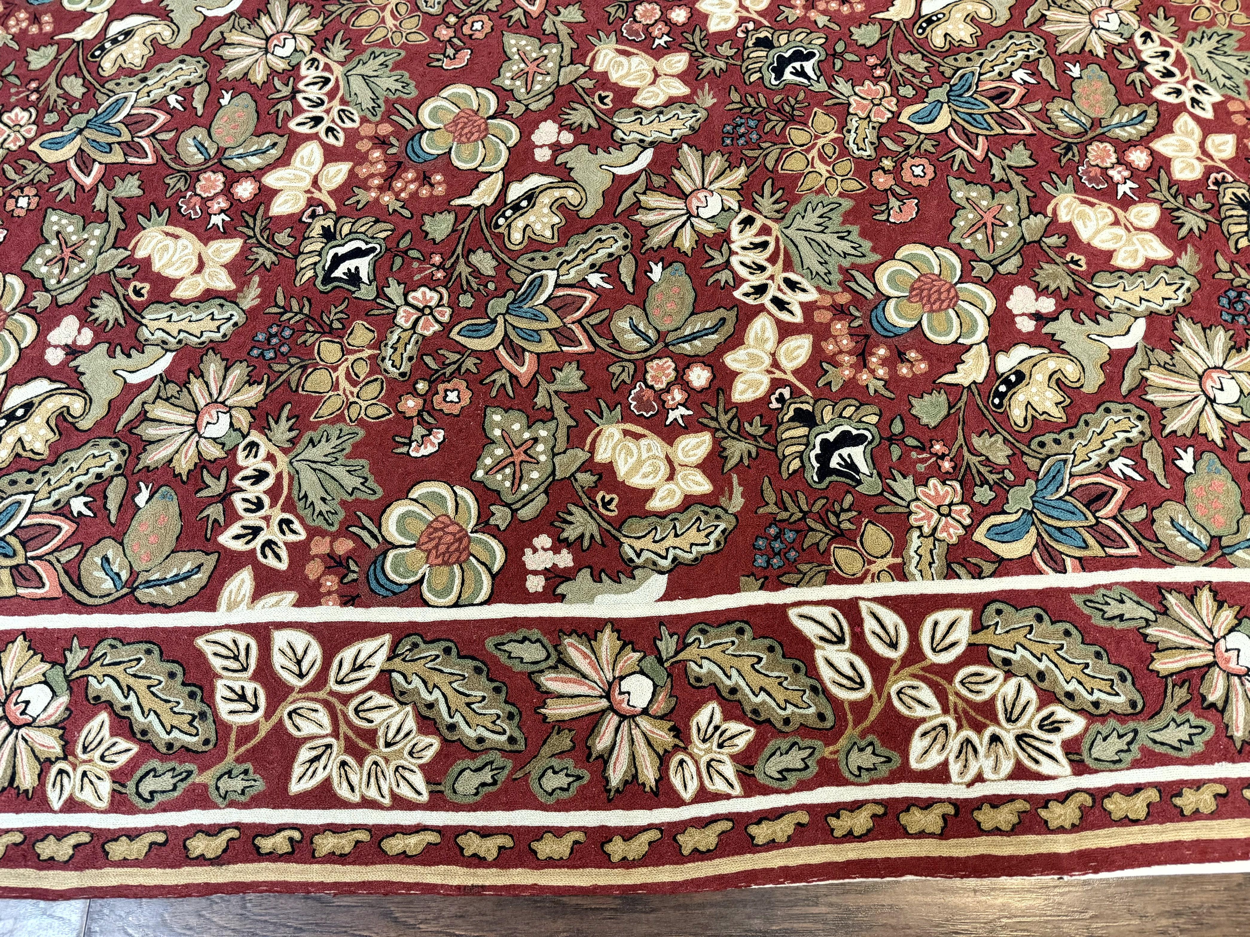 Indian Hand Stitched Rug 8x10, Large Vintage Floral Handmade Carpet, Dark Red Multicolor - Jewel Rugs