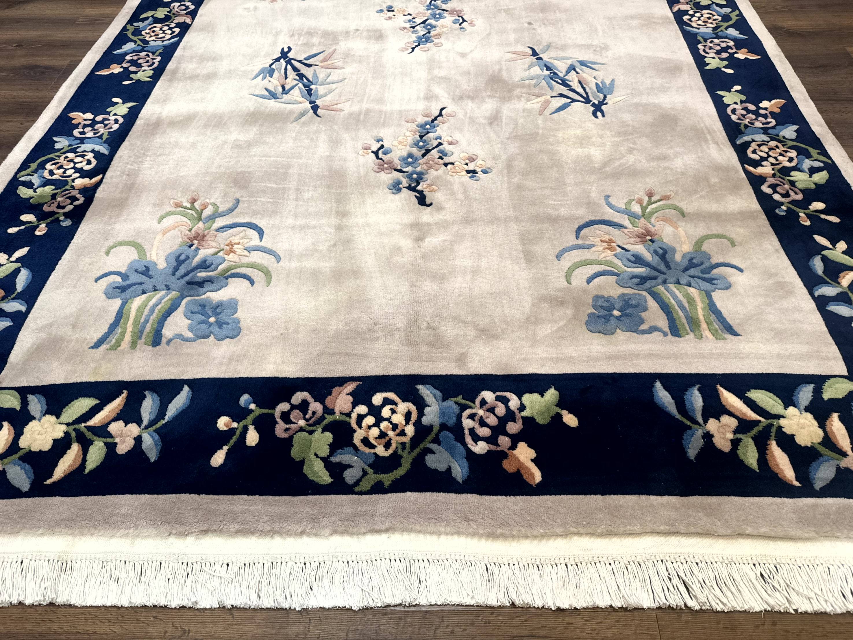 Chinese Wool Rug 8x10, Light Gray and Navy Blue, Floral, Chinese 120 Line Carpet - Jewel Rugs