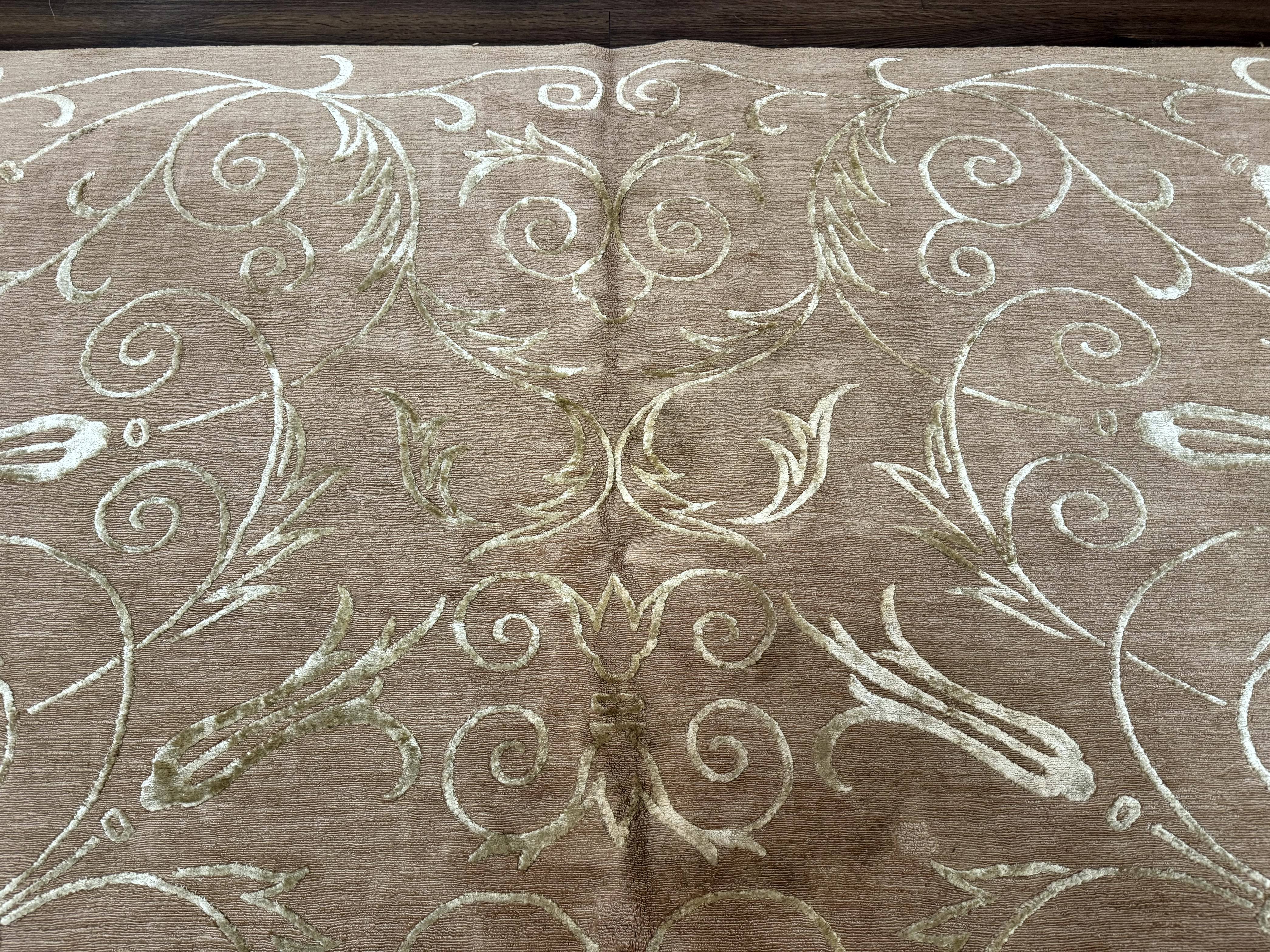 Tibetan Rug 9x12 Wool and Silk Beige Modern Handmade Carpet - Jewel Rugs