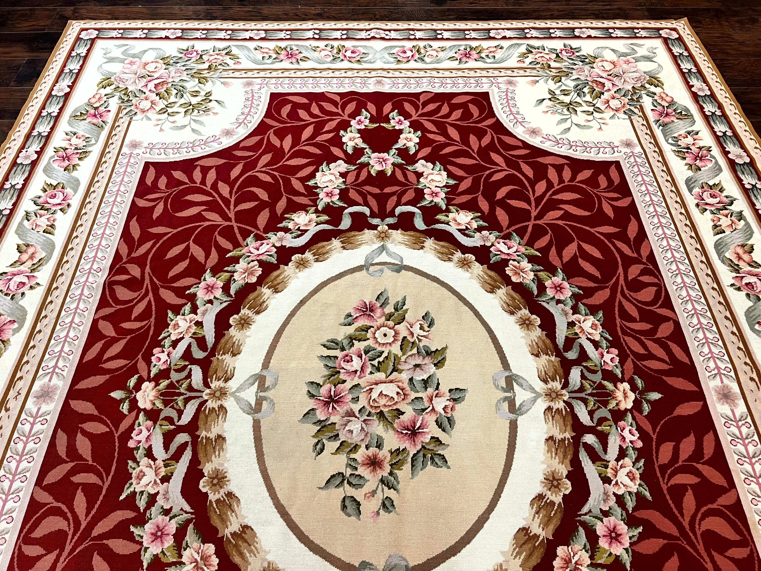 Wonderful Aubusson Rug 9x12, Handmade Vintage Needlepoint Carpet, Red and Ivory, Elegant European Design, Wool - Jewel Rugs