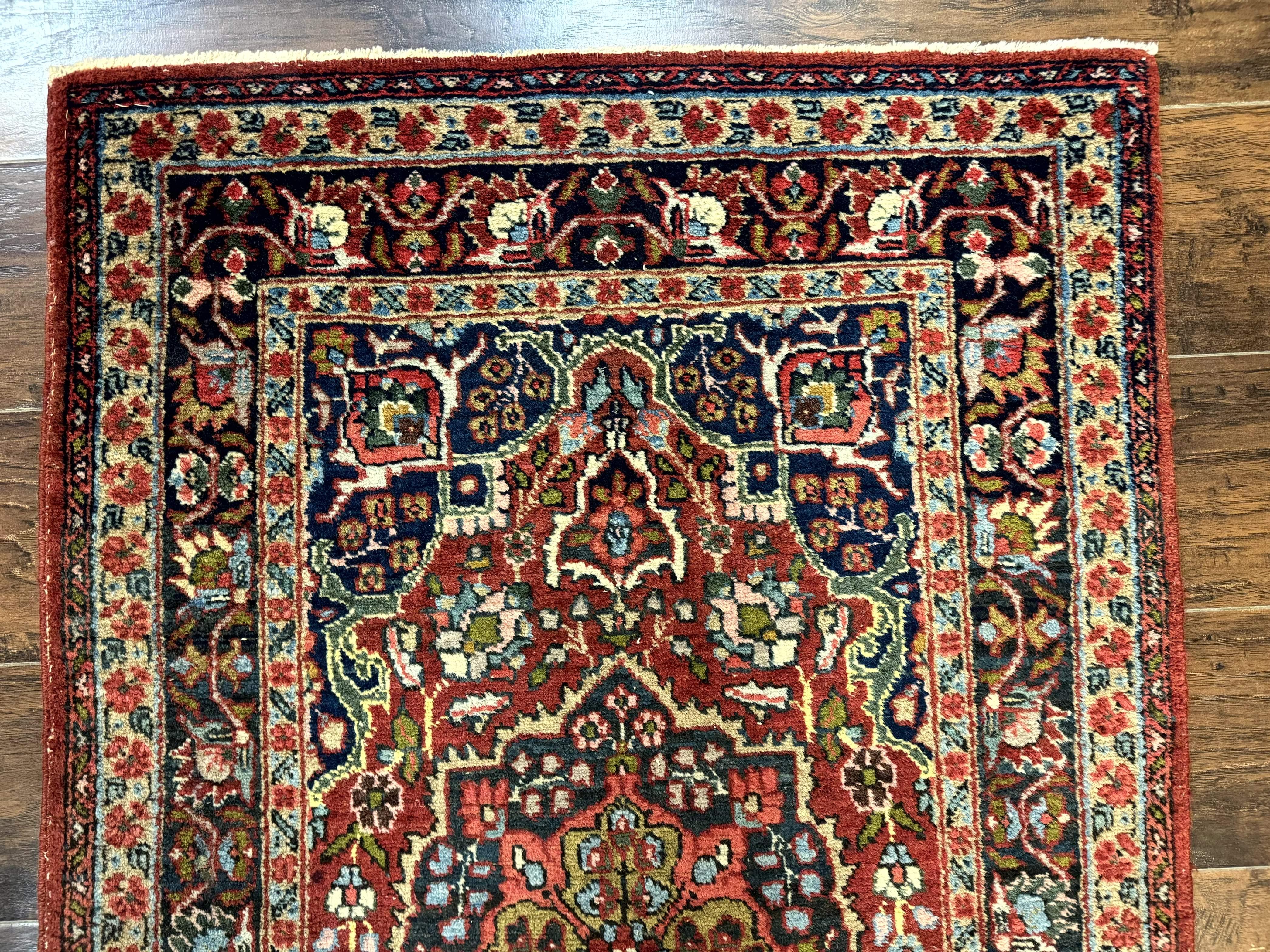 Antique Persian Tabriz Rug 3x5, Brick Red Navy Blue, Floral Medallion, Small Persian Carpet - Jewel Rugs