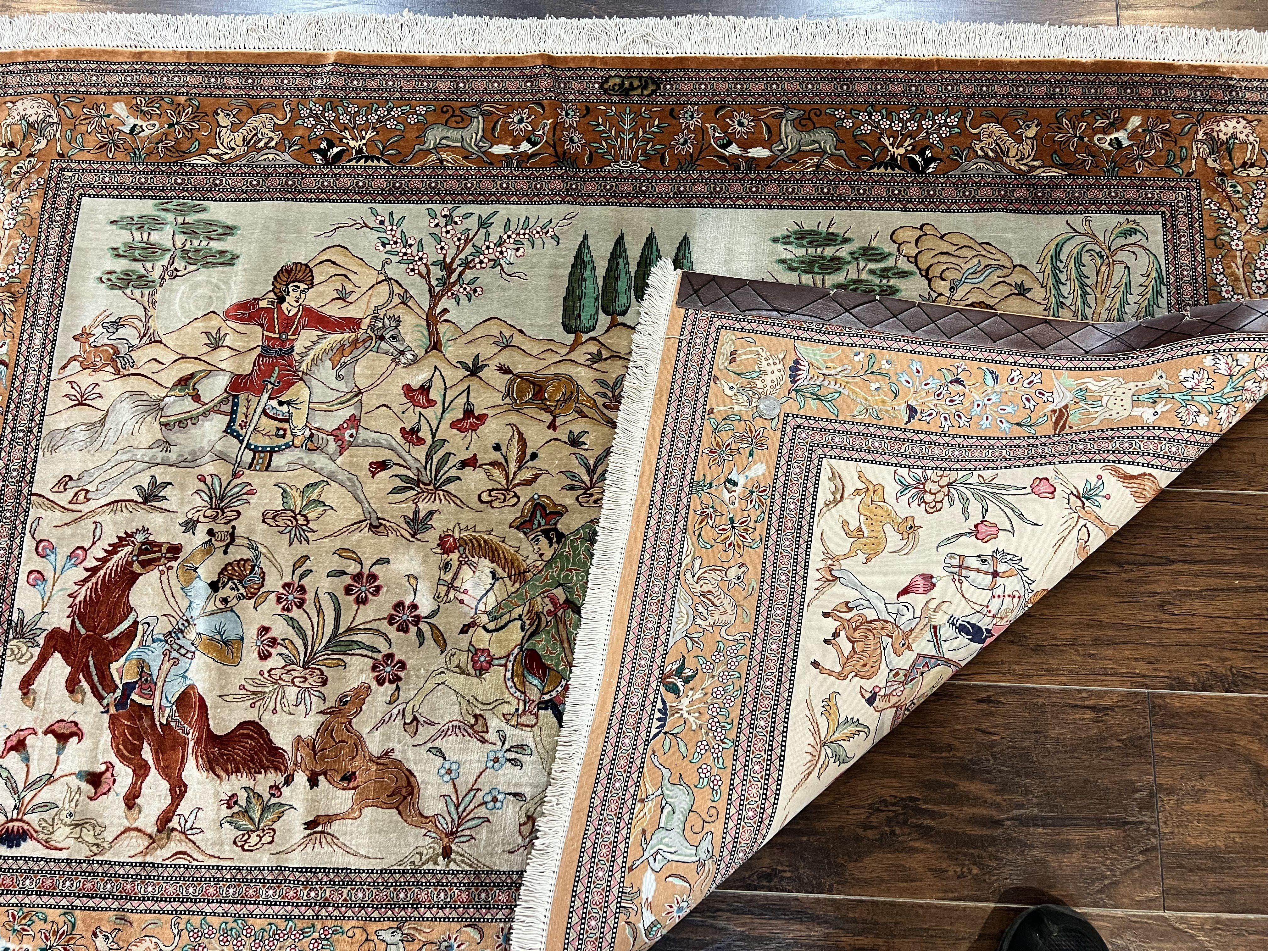 Silk Persian Qum Rug 3x5, Hunting Pattern, Handmade Vintage Carpet, Signed by Master Weaver, Horsemen Pictorials, Super Fine 650 KPSI - Jewel Rugs