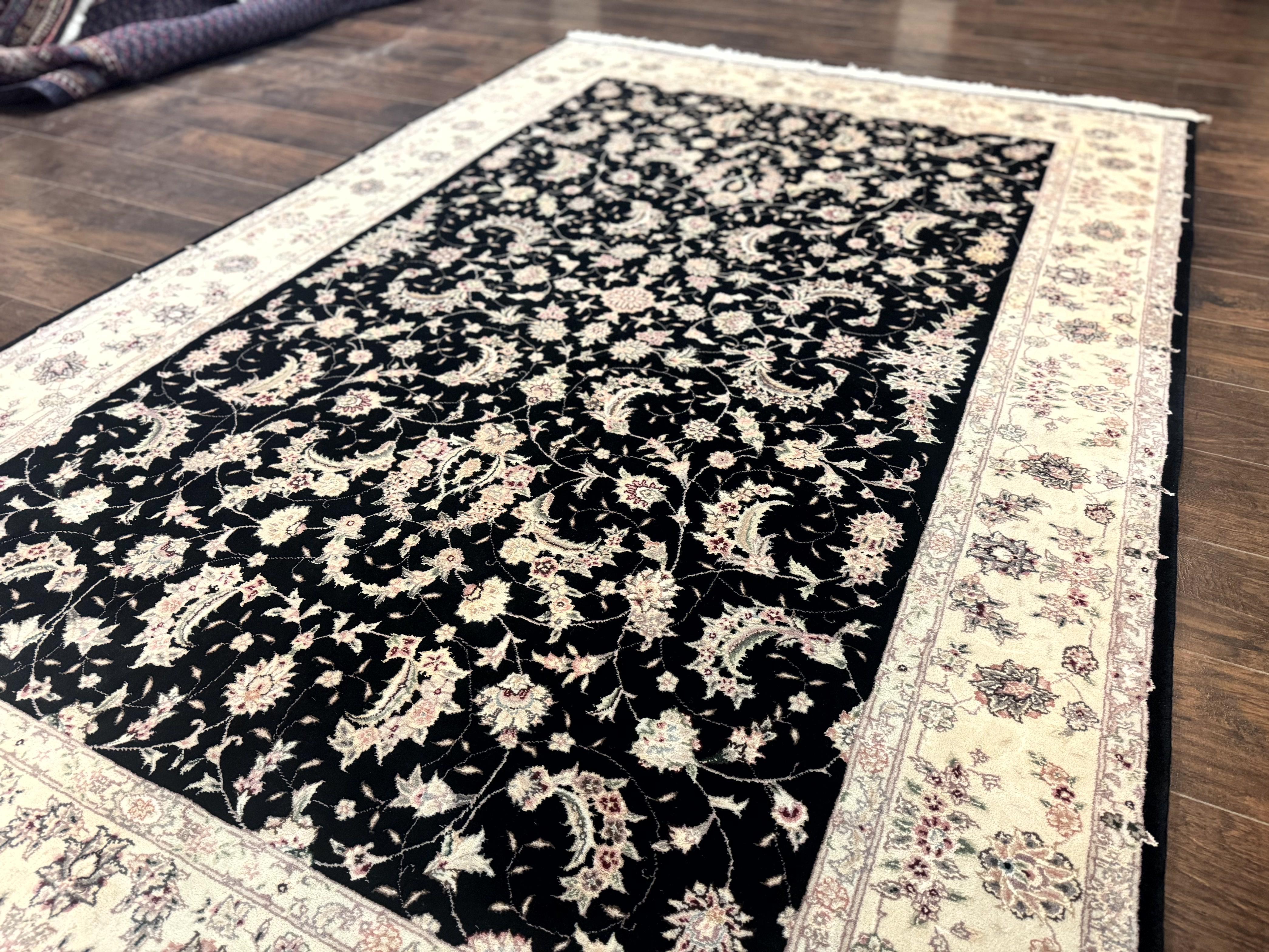 Sino Persian Rug 6x9, Black and Ivory, Wool and Silk Highlights, Handmade - Jewel Rugs